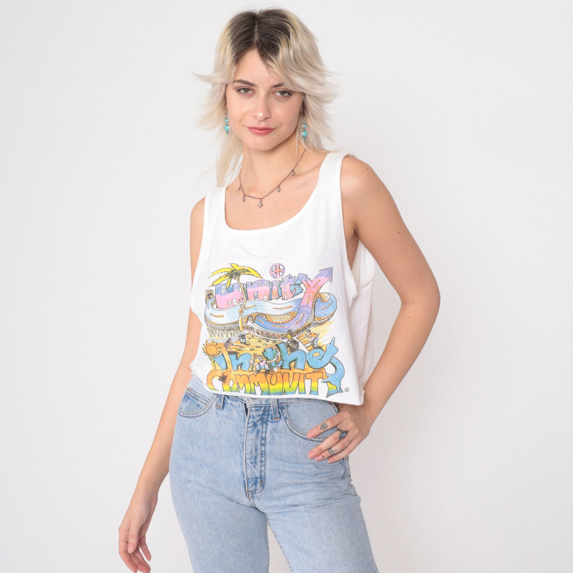 90s Unity In The Community Crop Tank Top White Graphic Tee Medium