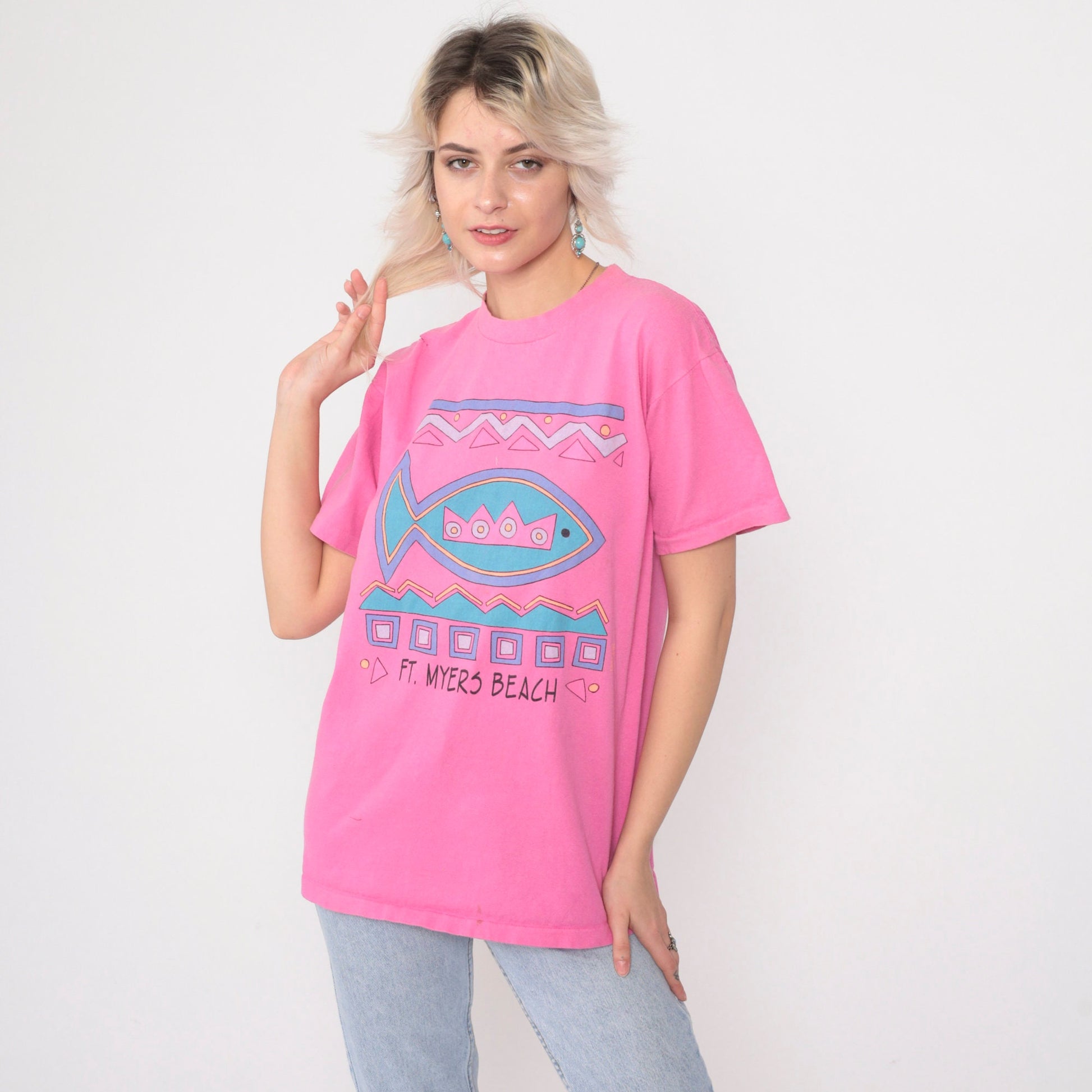 90s Fort Myers Beach Tropical Fish Graphic Tee Hot Pink Cotton Medium