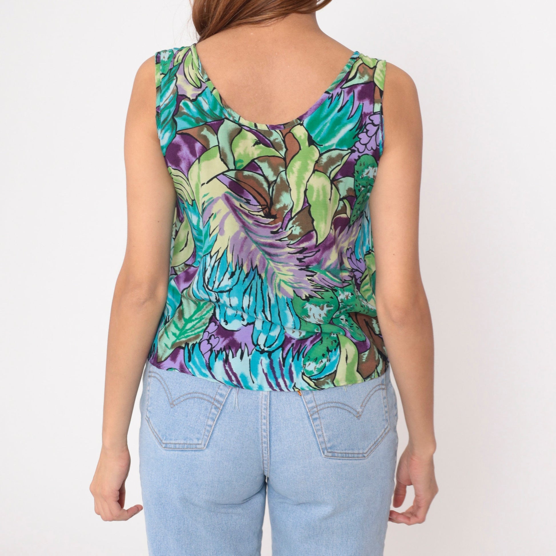 90s Botanical Abstract Leaf Tank Top Rayon Scoop Neck Green Small
