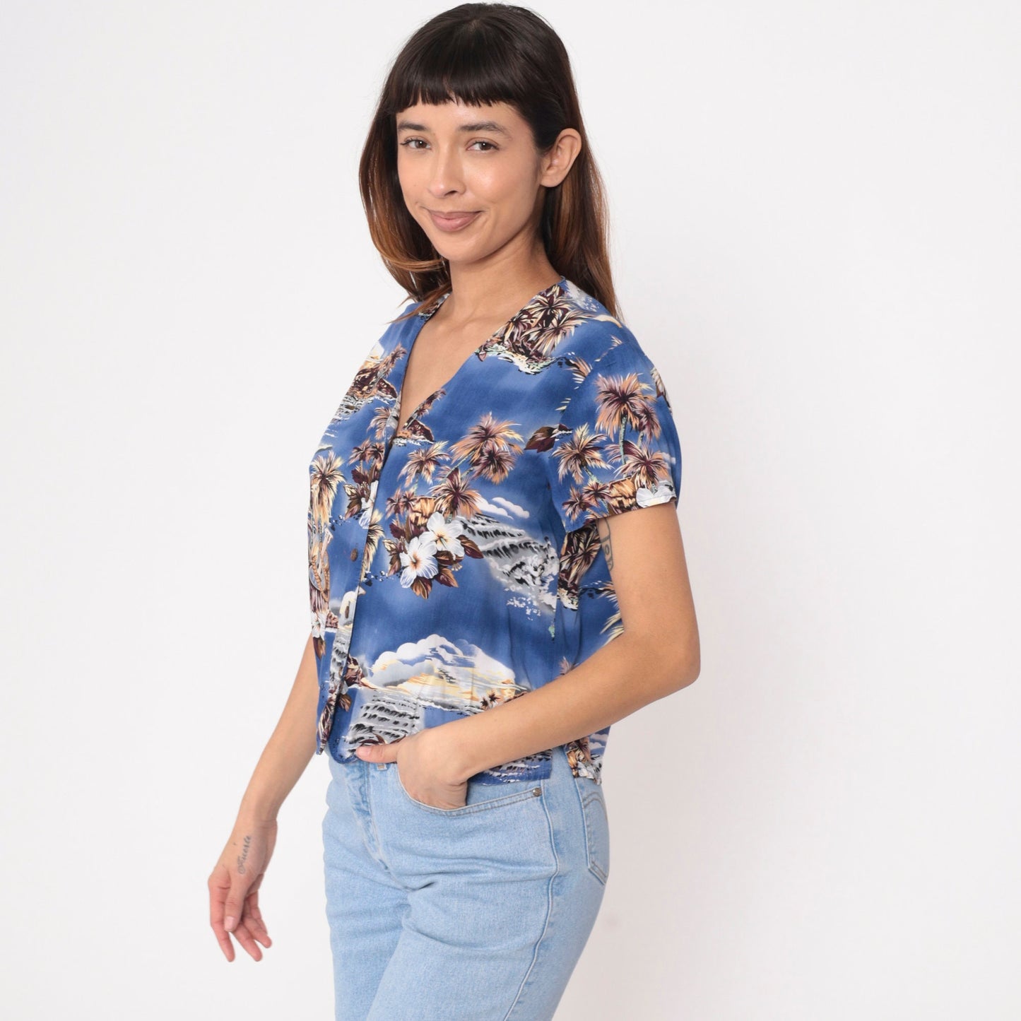 Y2K Ocean Pacific Hawaiian Shirt Blue Tropical Ukulele Print Button Up Extra Large