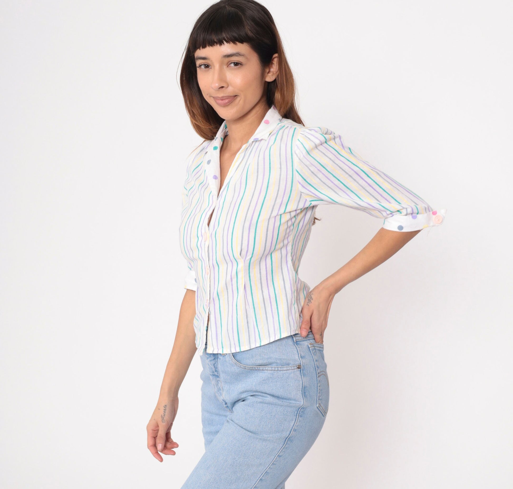 80s Striped Puff Sleeve Blouse White Polka Dot Trim Button Up Collared Top Extra Small