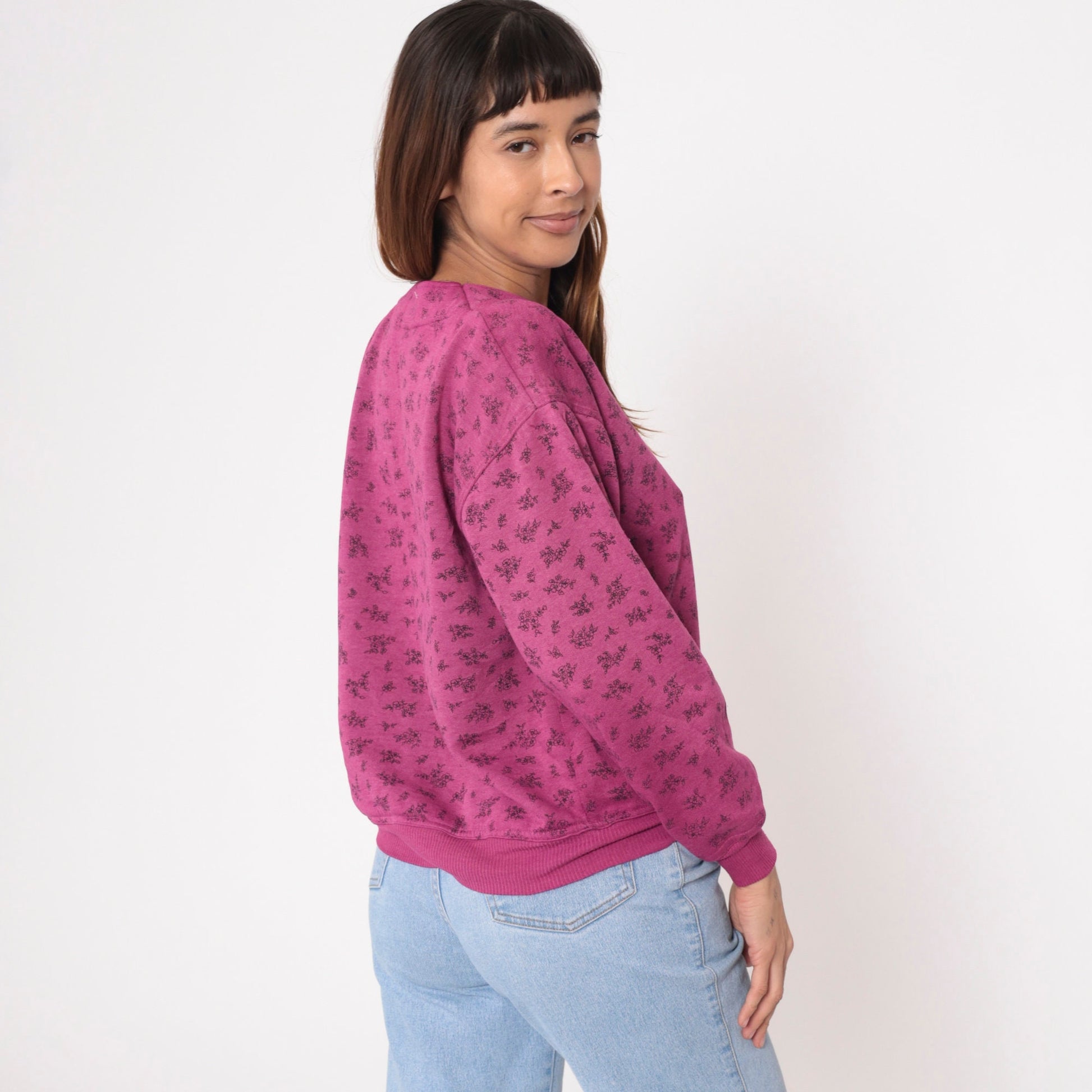 90s Magenta Floral Henley Sweatshirt Button-Up V-Neck Small S