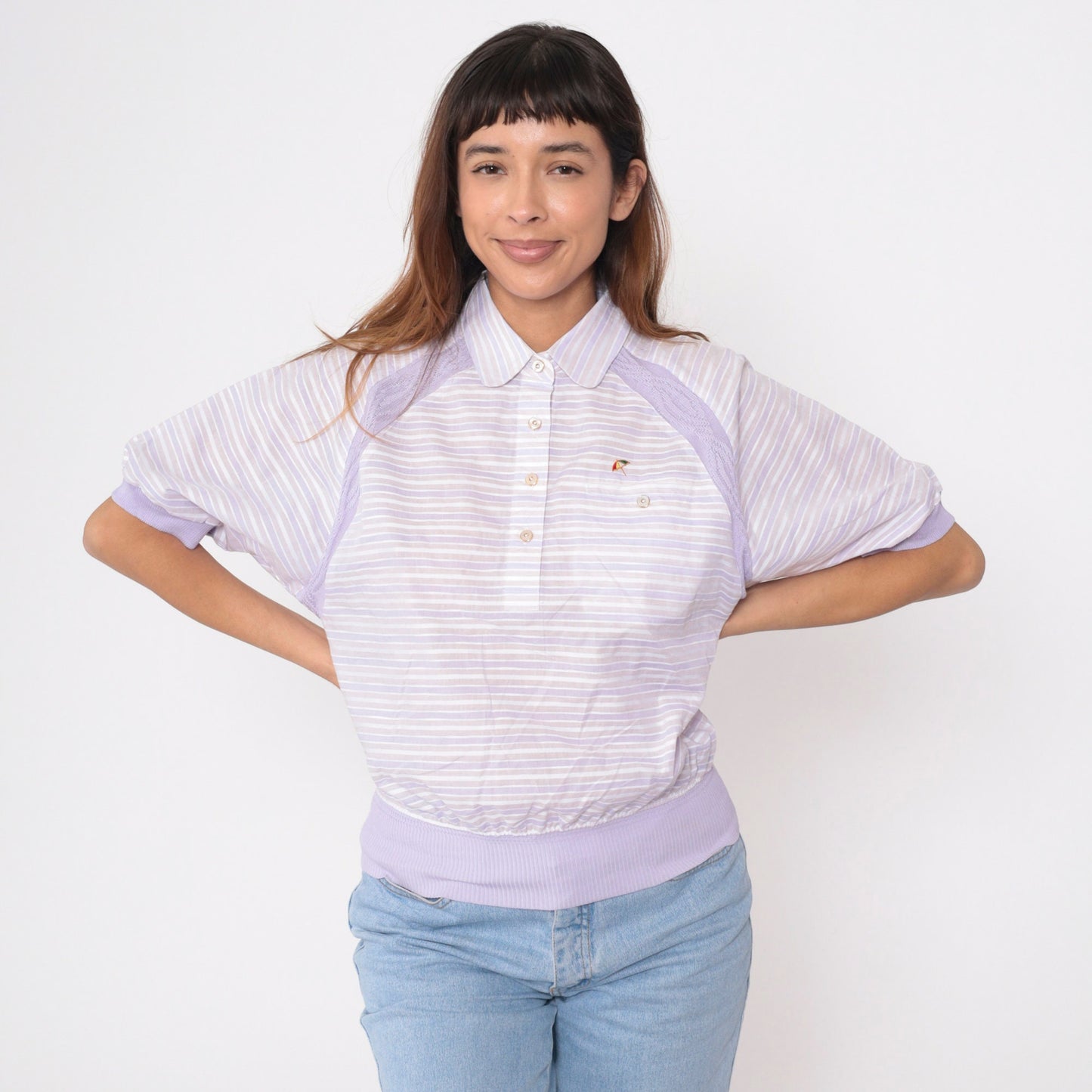 80s Arnold Palmer Striped Polo Shirt Lavender White Collar Short Sleeve Small