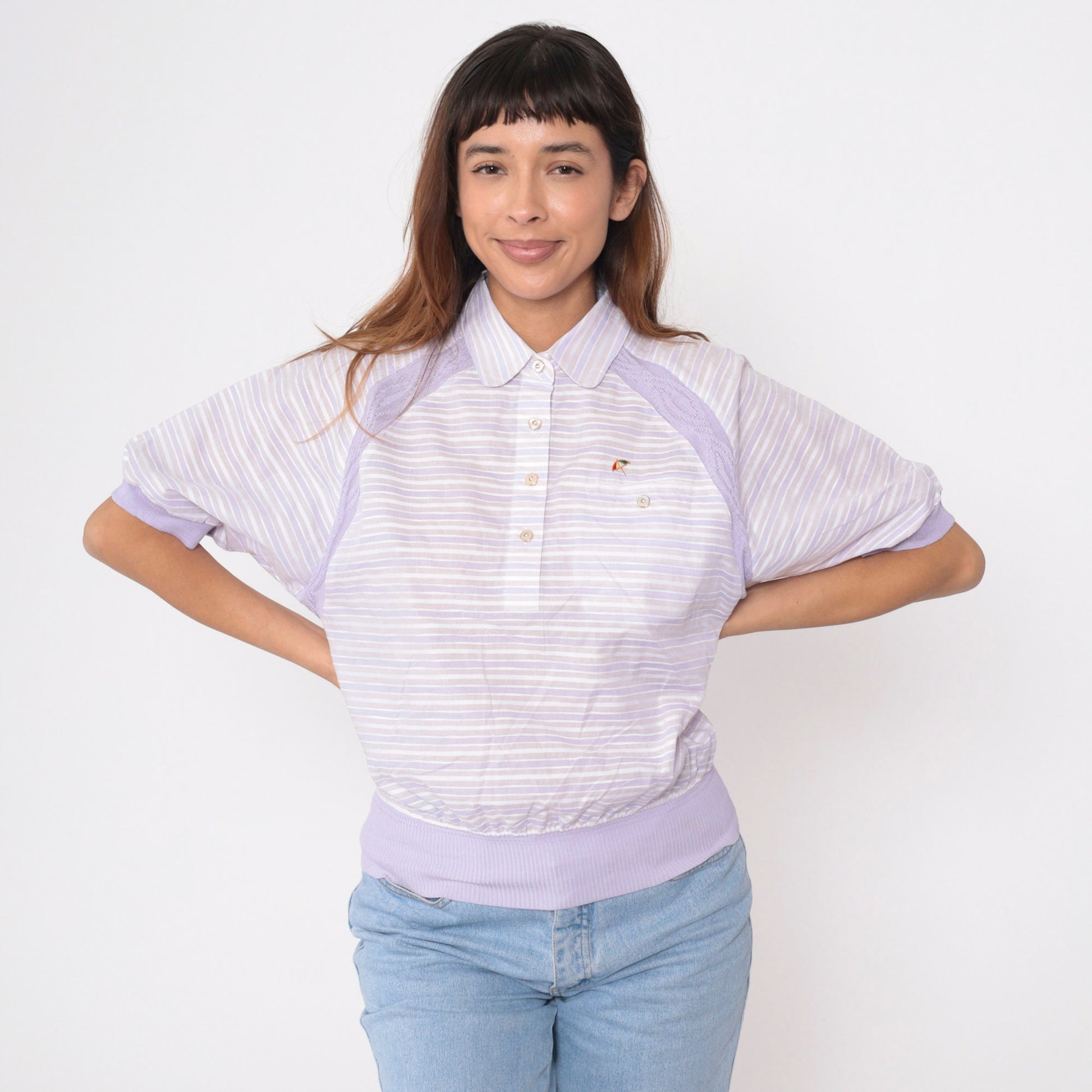 80s Arnold Palmer Striped Polo Shirt Lavender White Collar Short Sleeve Small