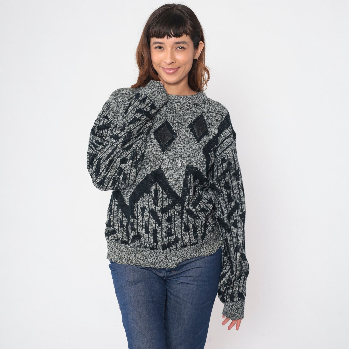 90s Raf Grey Black Flecked Knit Sweater Diamond Leather Patch Crewneck Large L