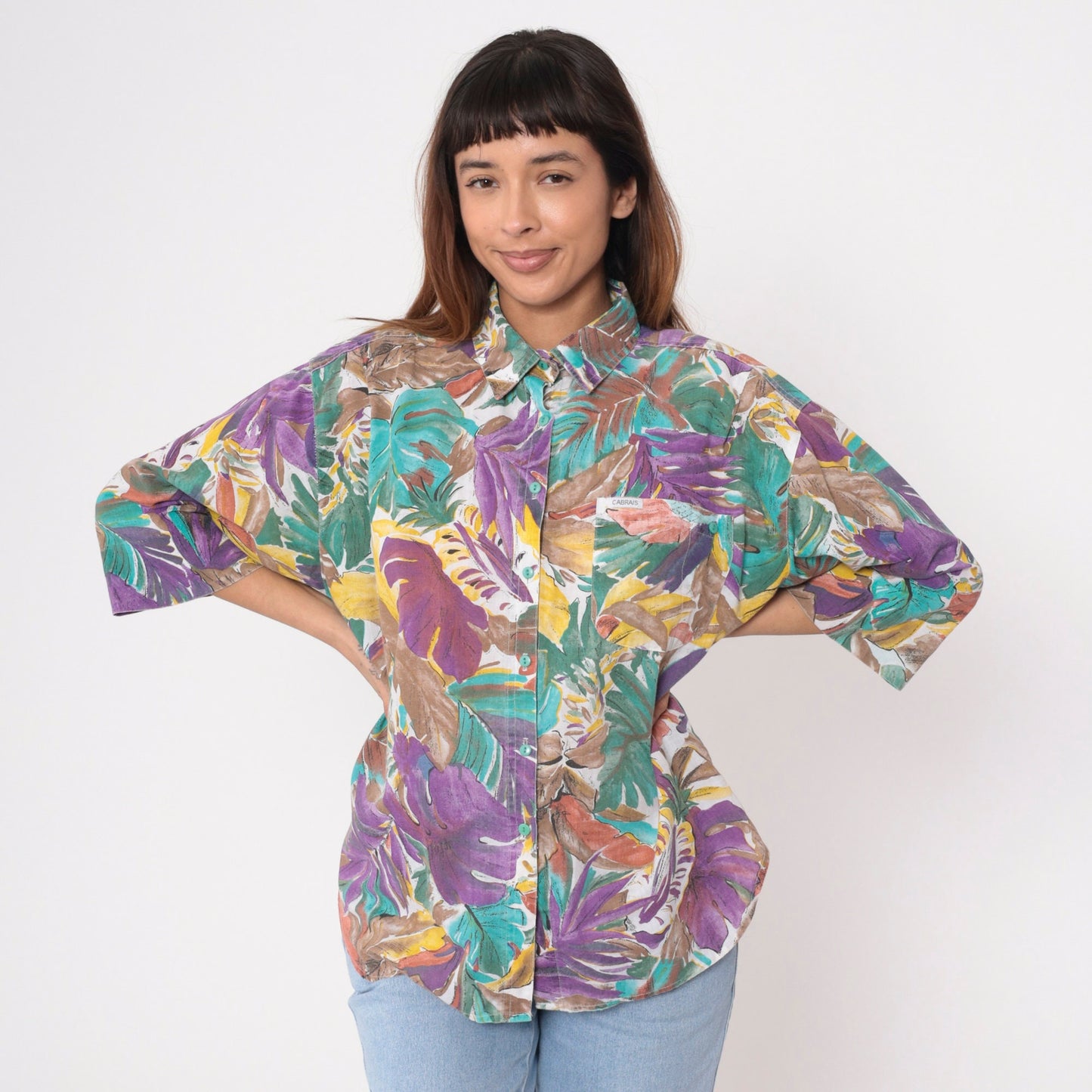 90s Tropical Leaf Print Button-Up Blouse Turquoise Purple 3/4 Sleeve Large