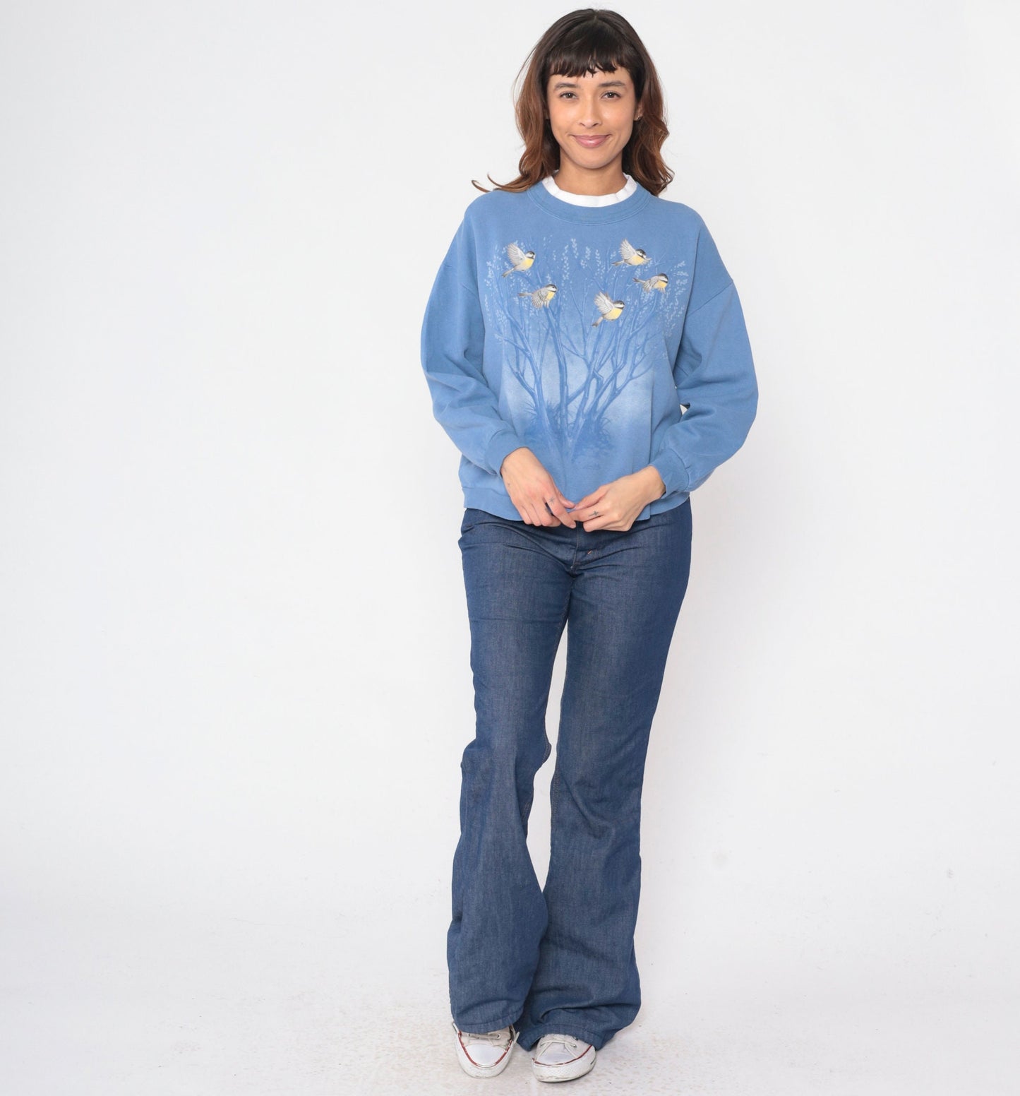 90s Morning Sun Bird Sweatshirt Blue Floral Tree Graphic Crewneck Petite Medium