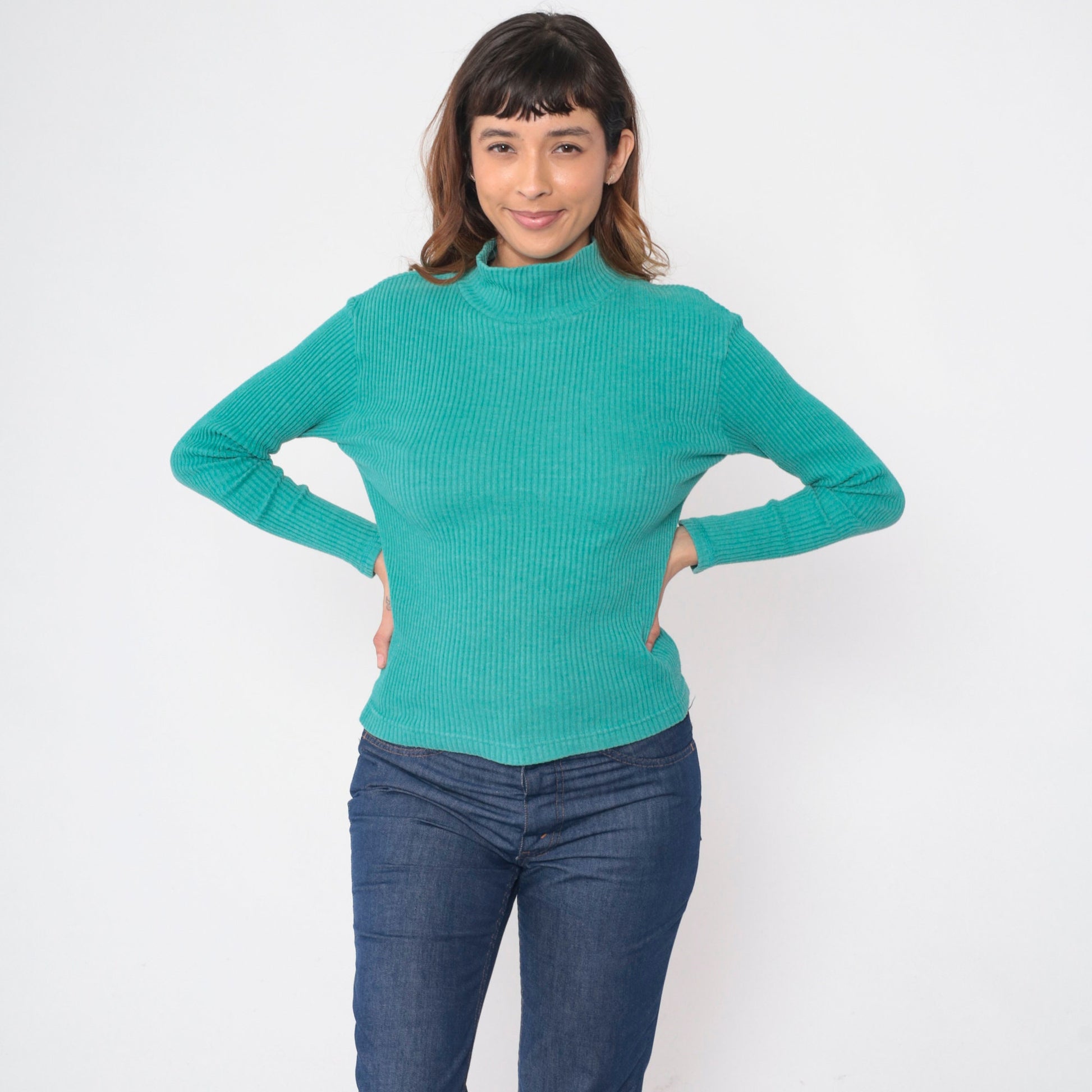 90s Turquoise Ribbed Turtleneck Long Sleeve Knit Top Medium
