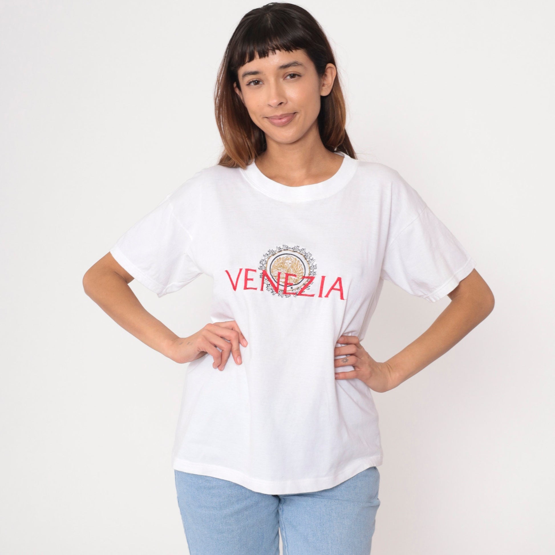 90s Venezia Venice Italy T Shirt Gold Lion Crest Embroidered White Small