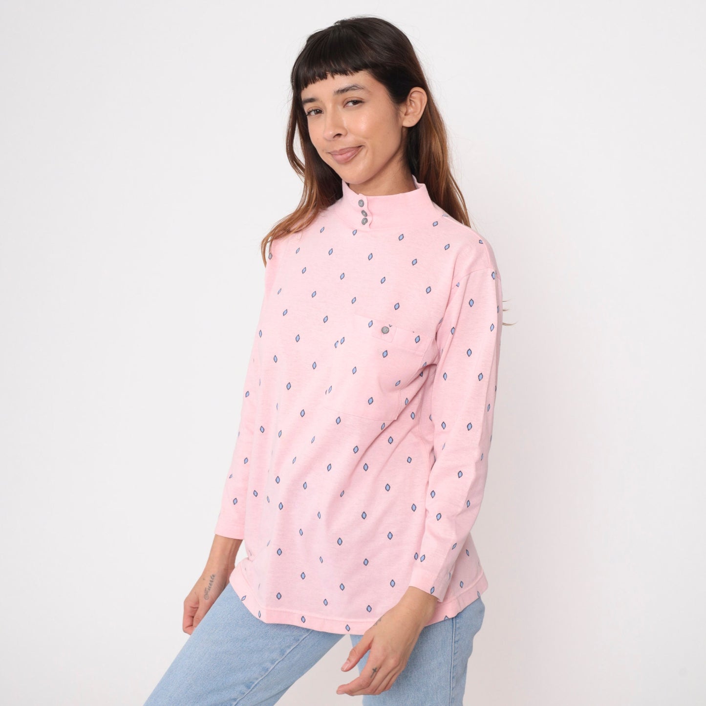 90s Baby Pink Geometric Mock Neck Long Sleeve Shirt Small