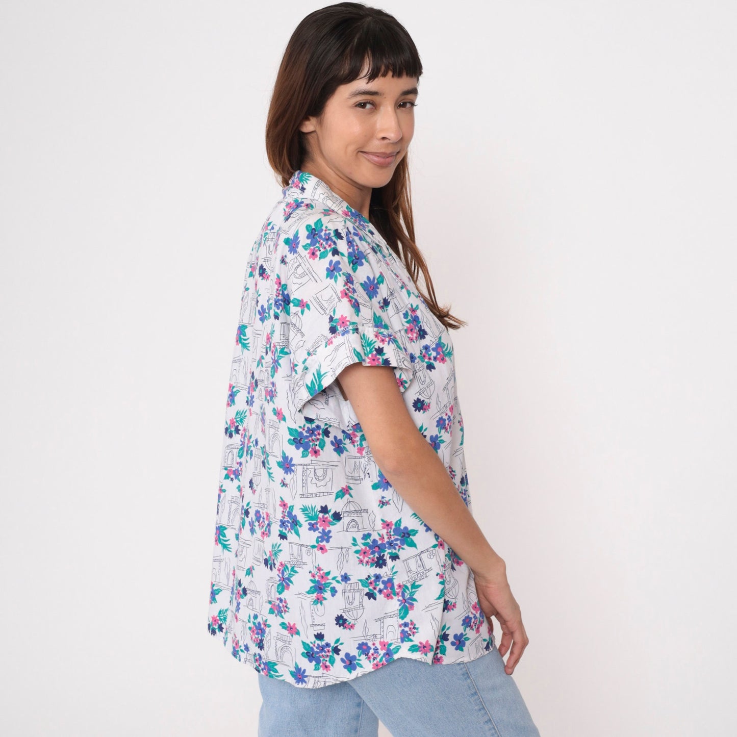 90s White Floral Arch Print Button-Up Blouse Plus Size 18W Short Sleeve