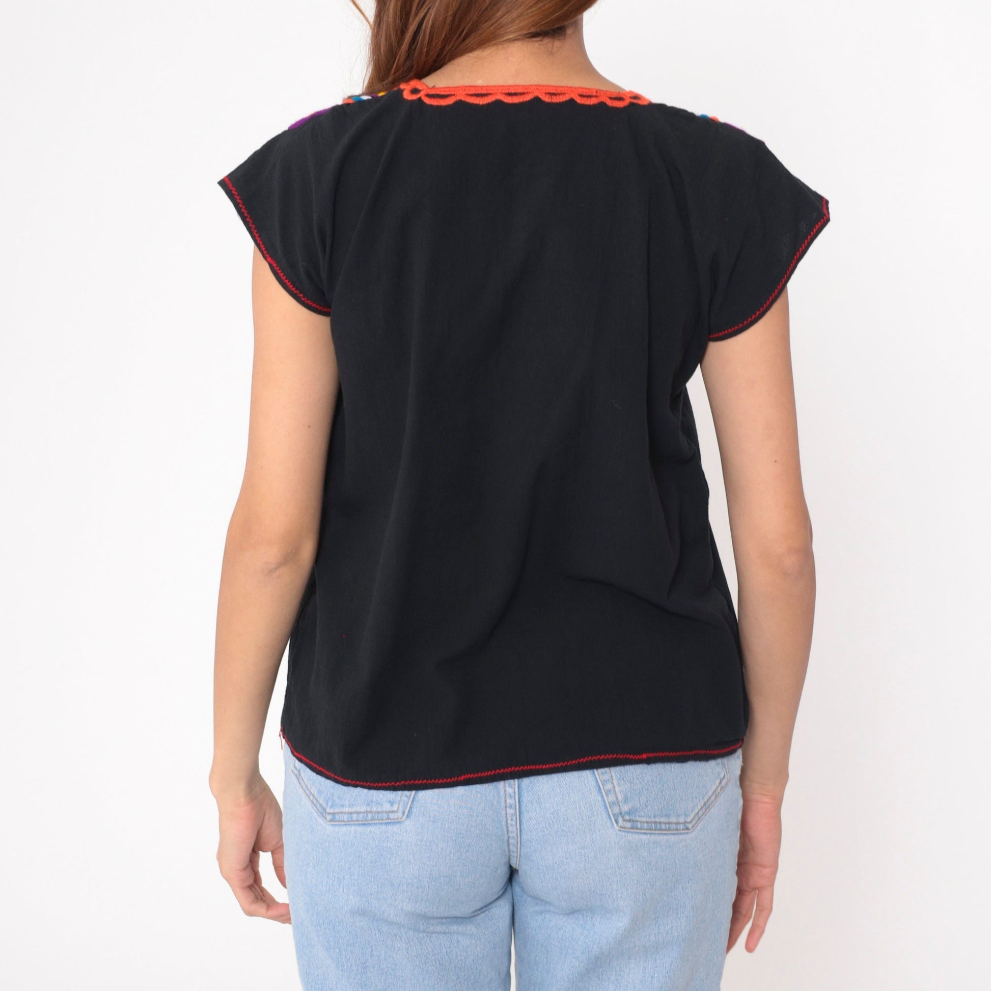 90s Mexican Floral Embroidered Blouse Black Cotton Short Sleeve Medium