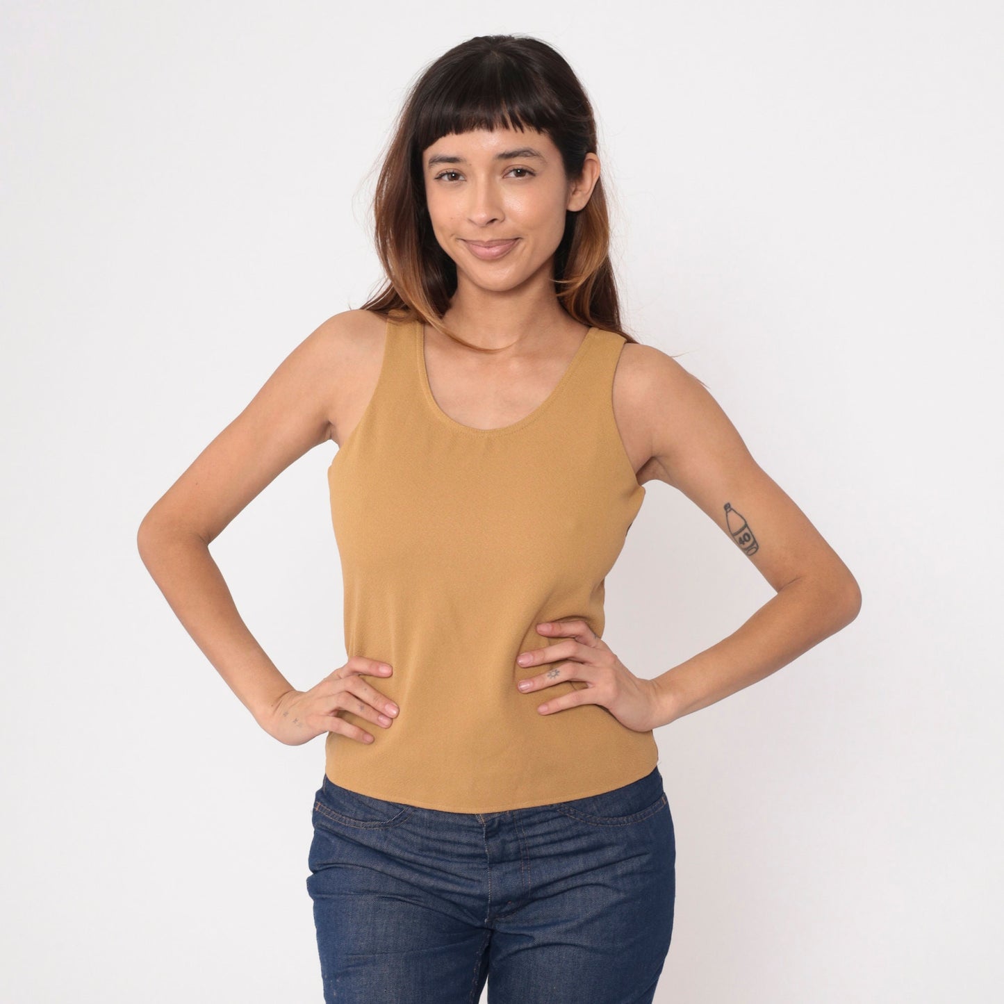 70s Tan Sleeveless Tank Top Round Neckline Rear Zipper Extra Small