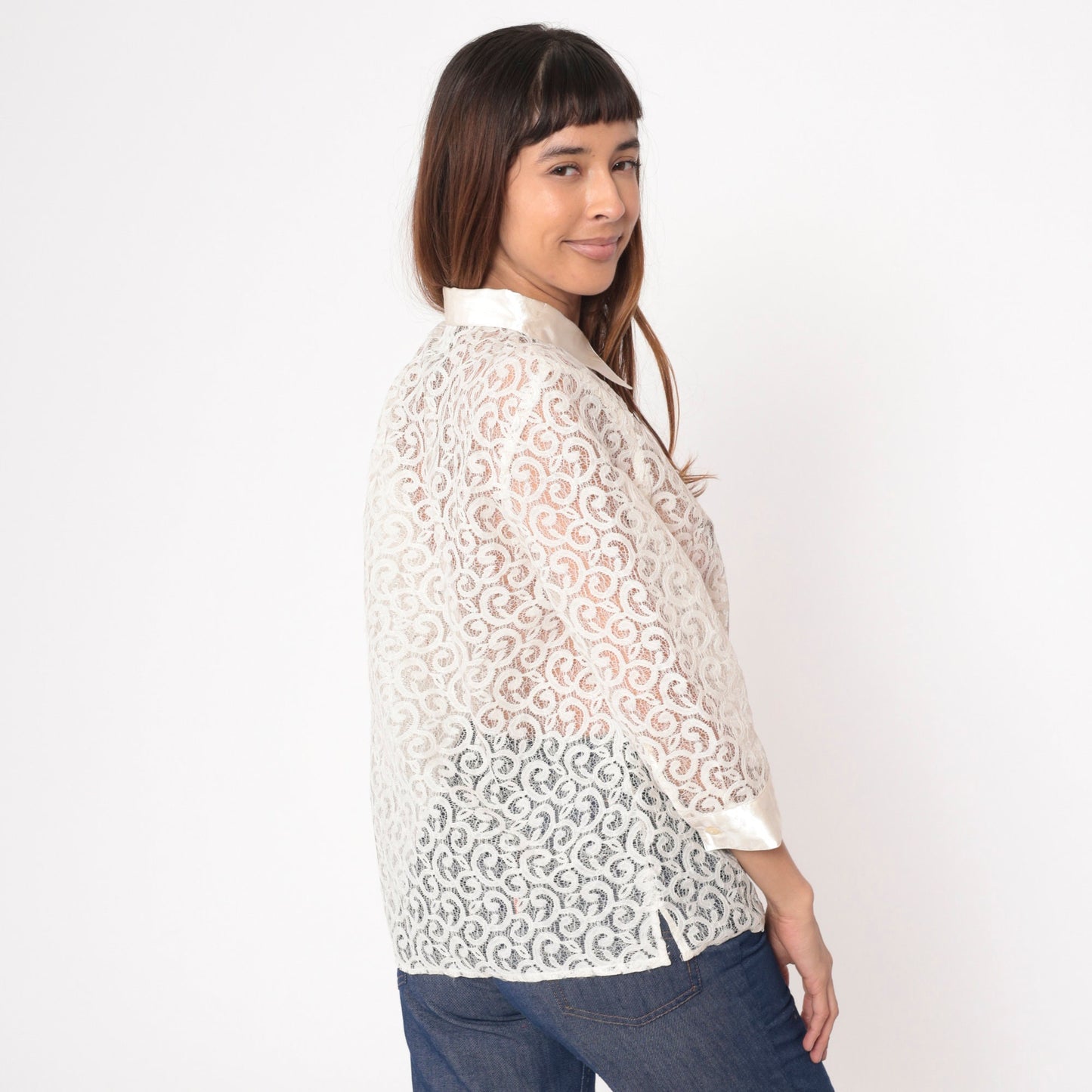 90s Alfred Dunner White Lace Blouse 3/4 Sleeve Button Up Medium Petite