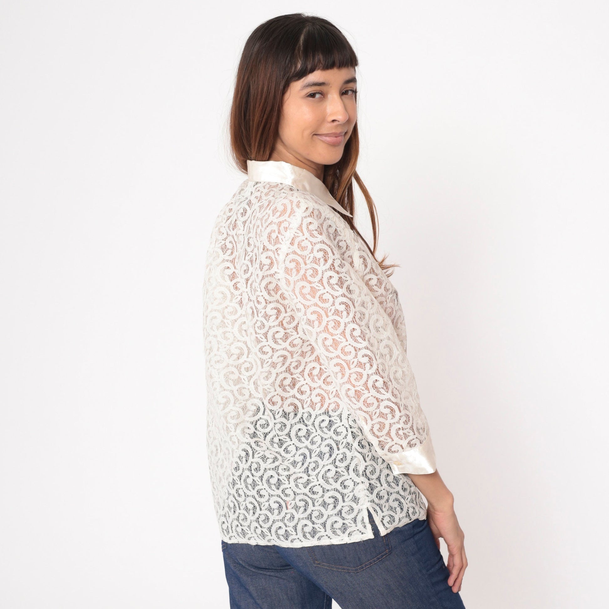 90s Alfred Dunner White Lace Blouse 3/4 Sleeve Button Up Medium Petite