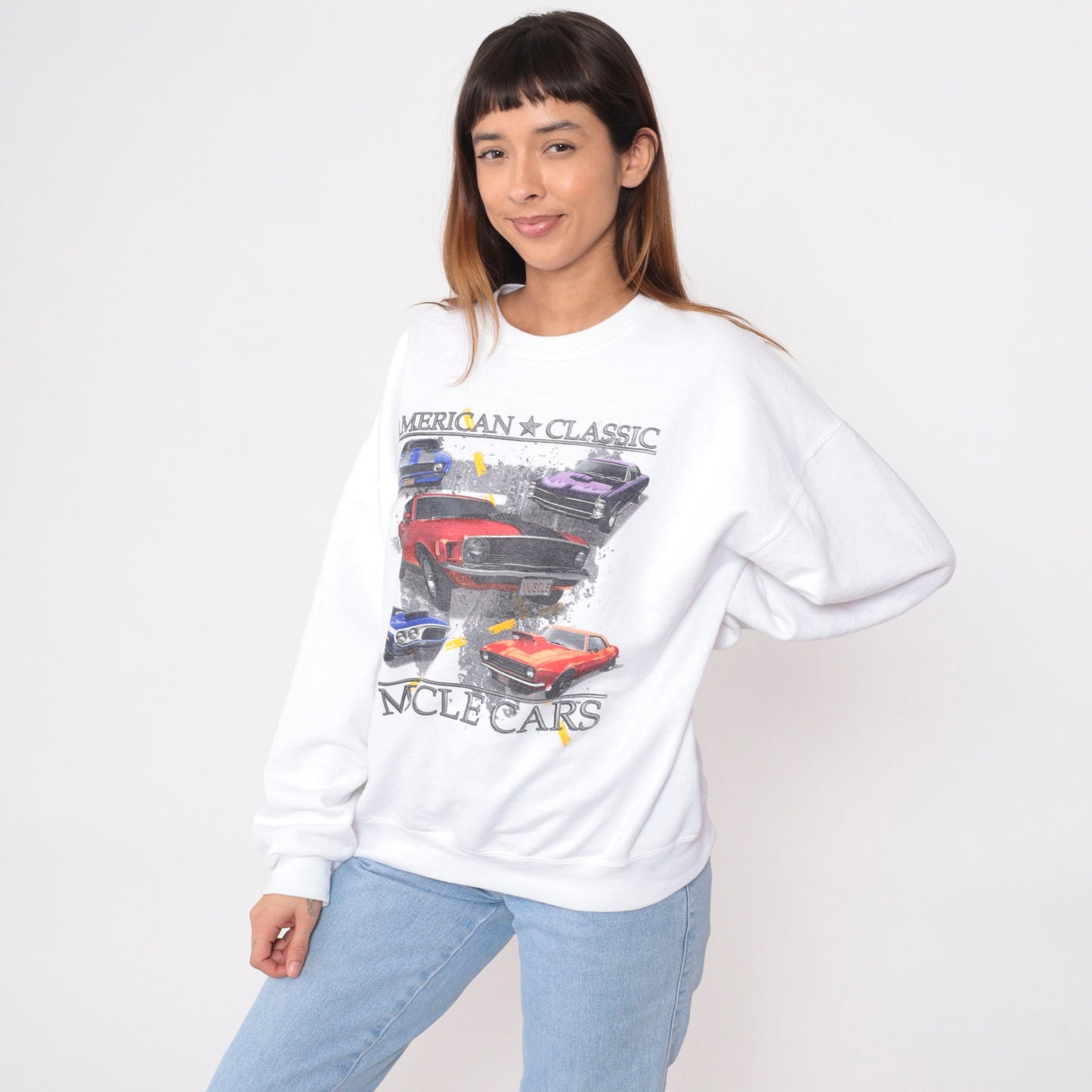 90s Muscle Car Sweatshirt American Classic Cars Graphic Crewneck White Large