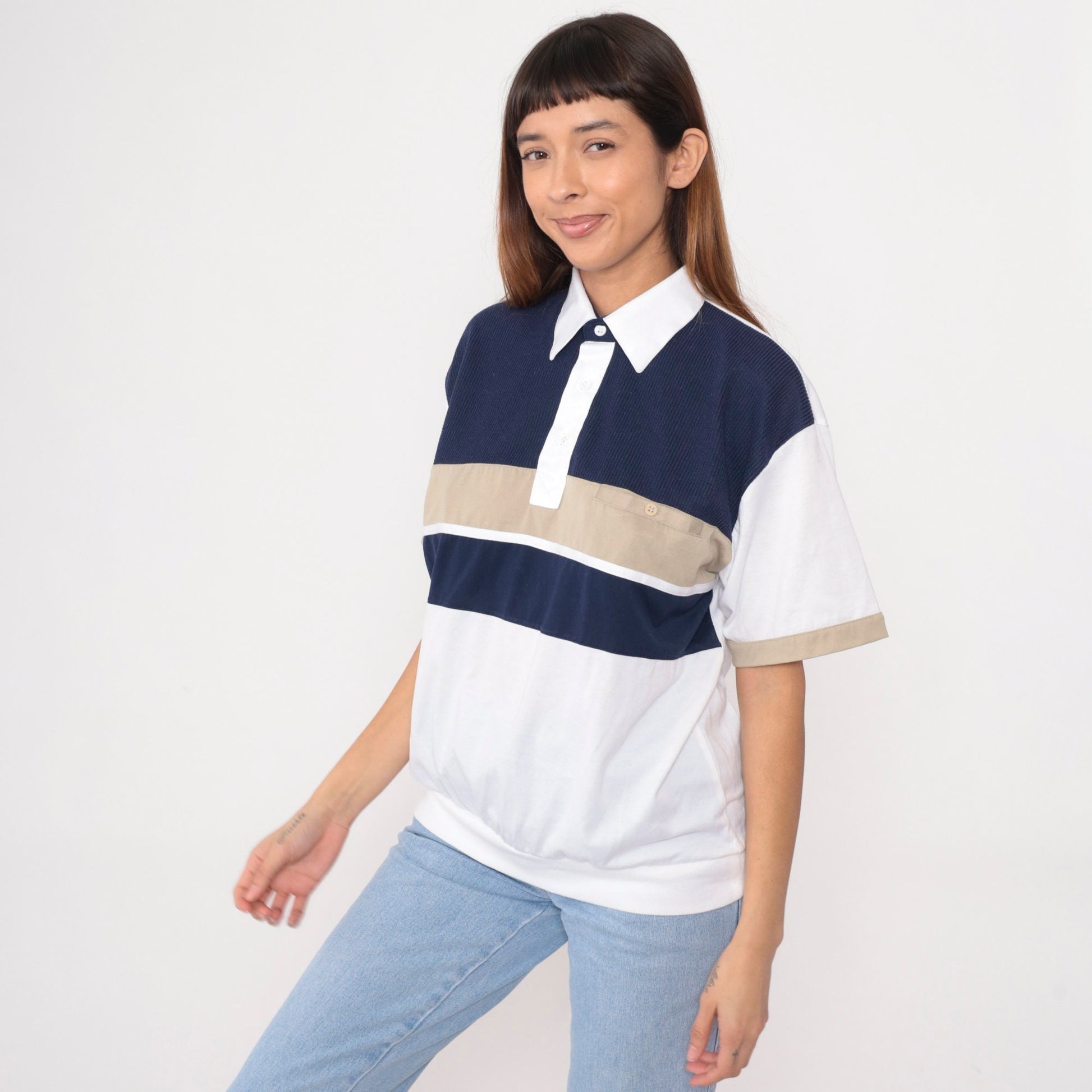 90s Striped Polo Shirt White Navy Blue Tan Collared Short Sleeve Medium