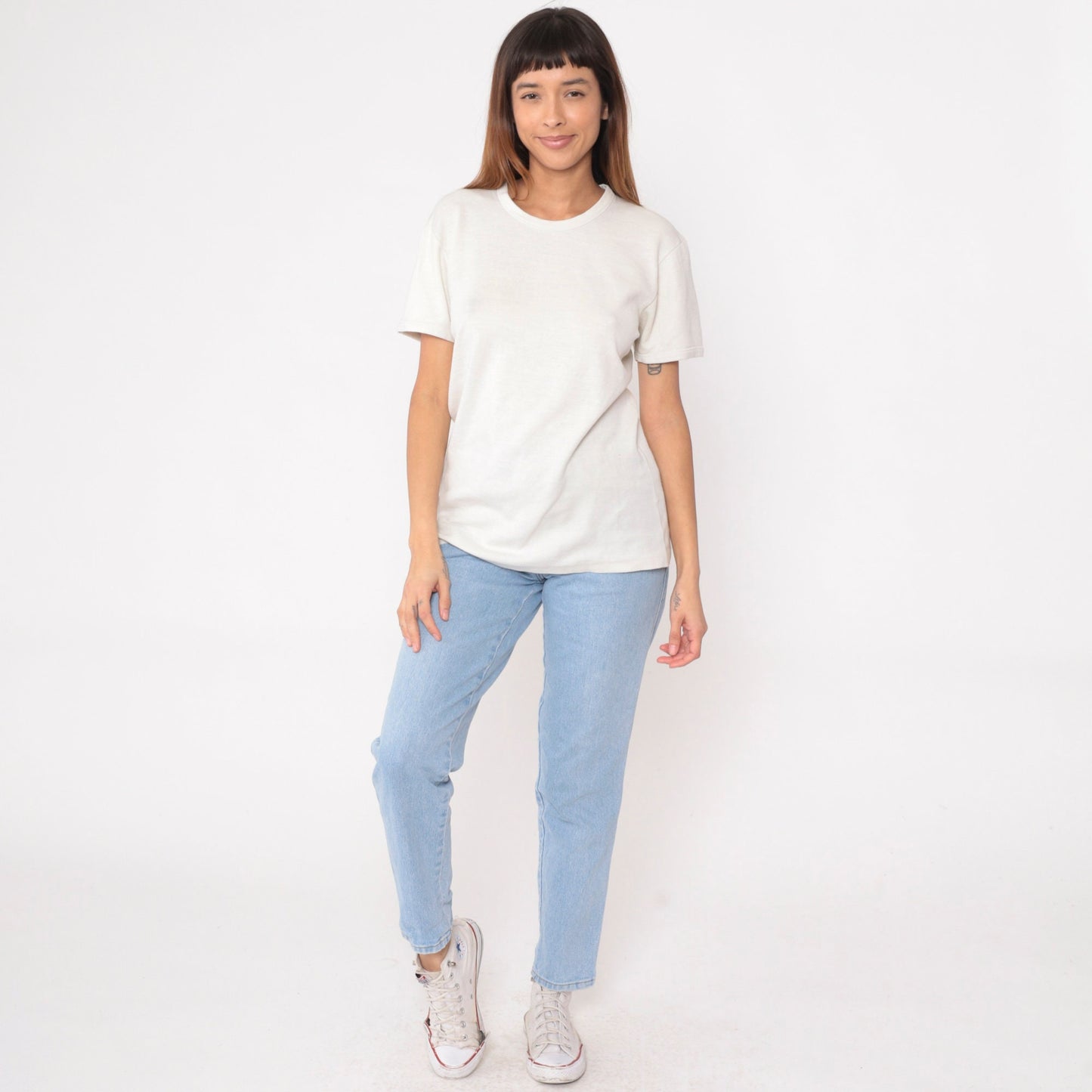 80s White Wool T-Shirt Cotton Lined Thermal Undershirt Medium