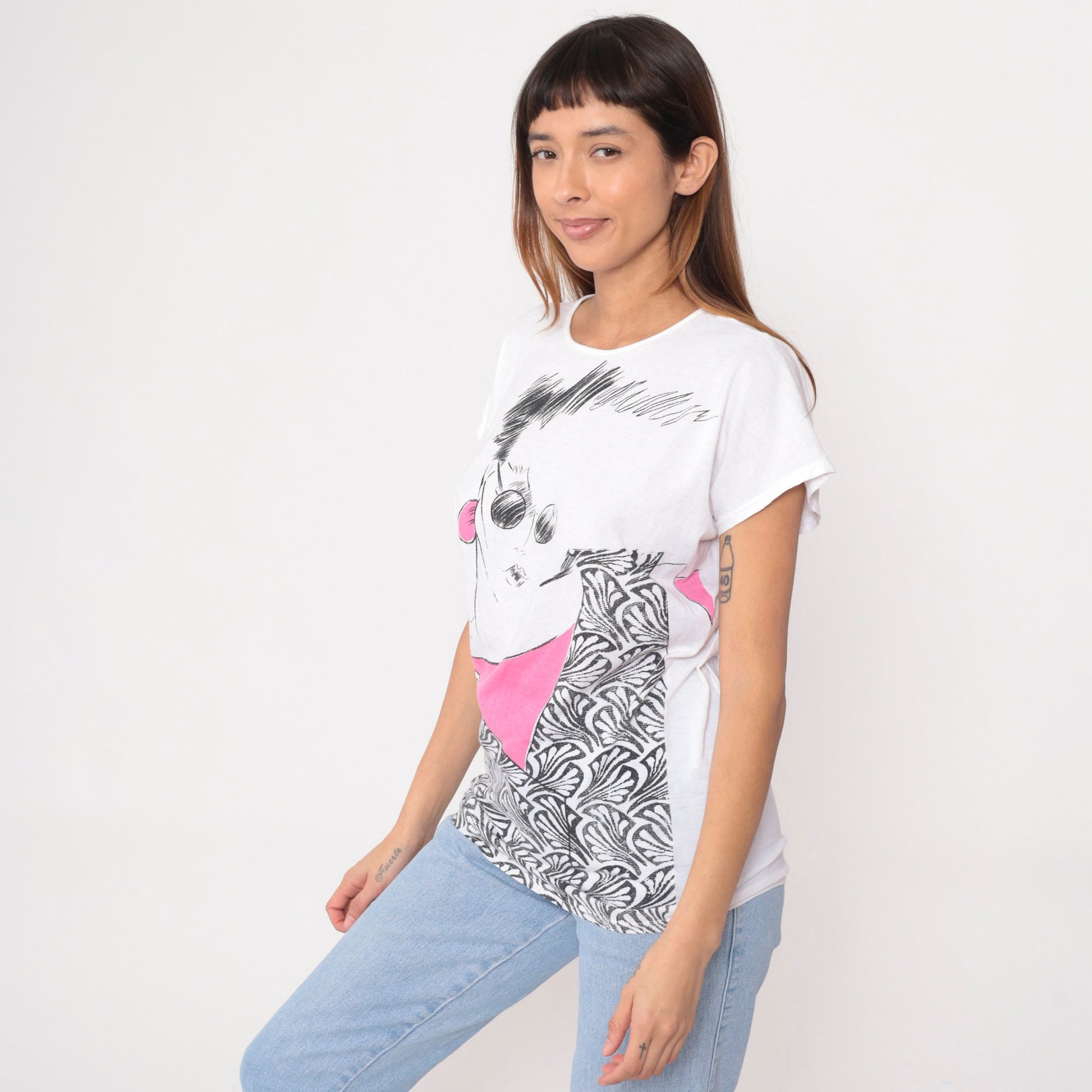 90s Woman Art Print Graphic Tee White Cotton Blend Small