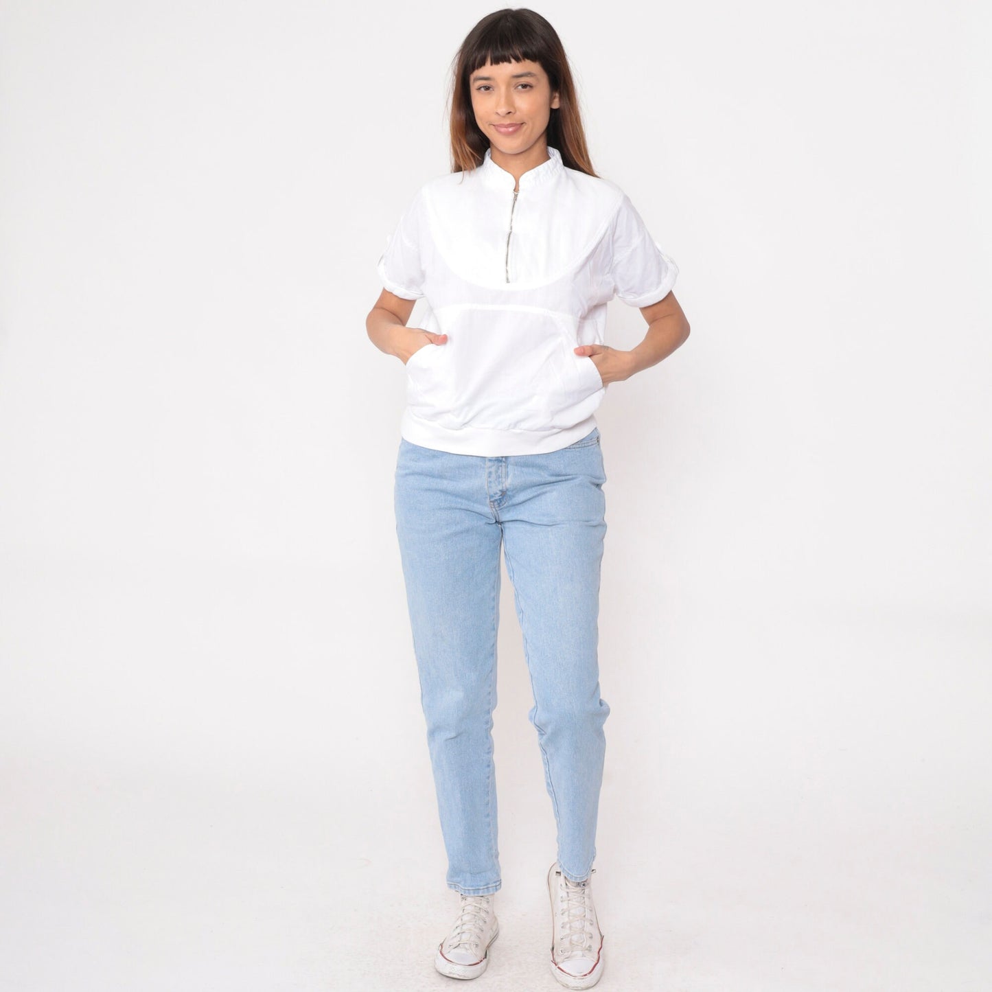 90s Radius Quarter Zip White Cotton Shirt Kangaroo Pocket Small S