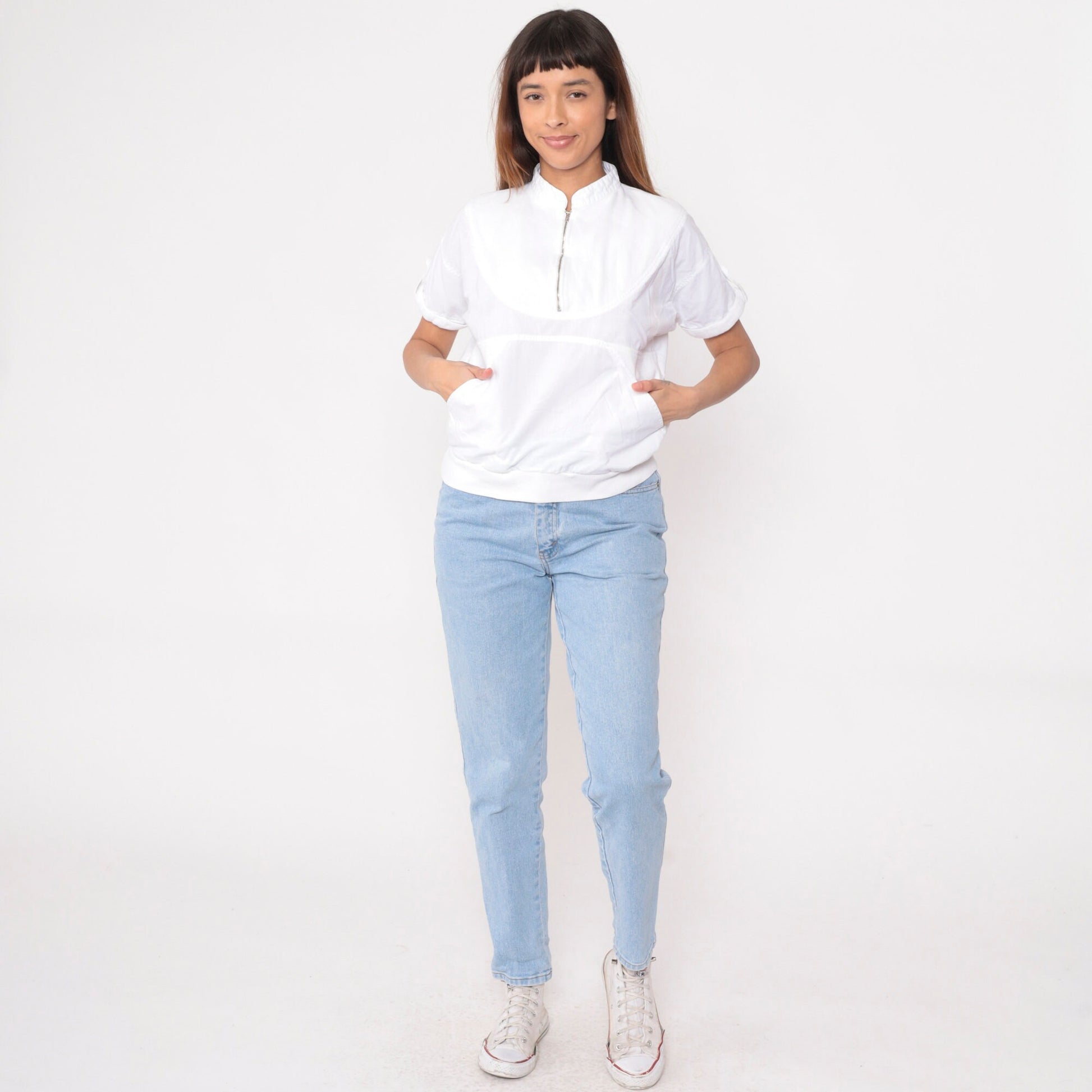 90s Radius Quarter Zip White Cotton Shirt Kangaroo Pocket Small S