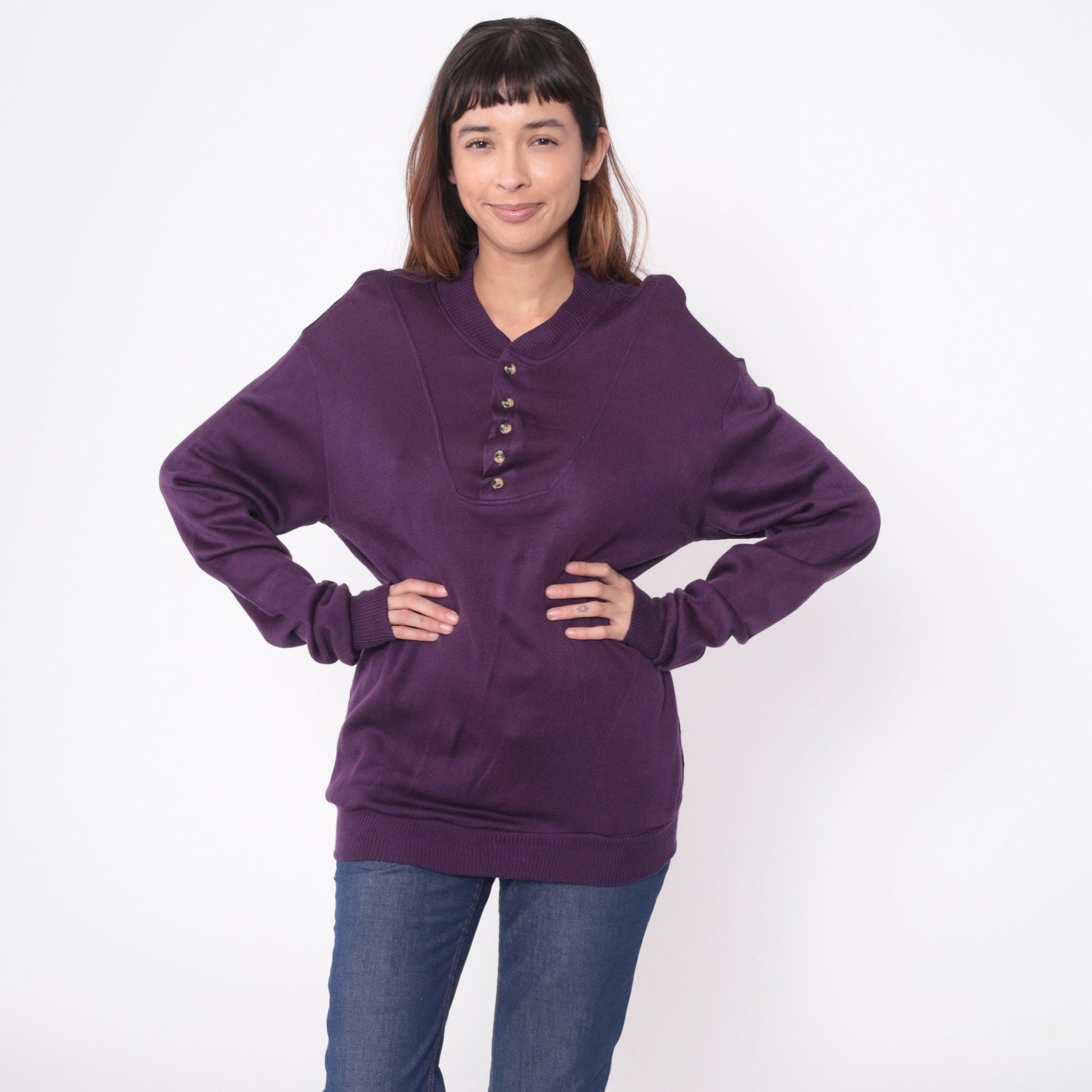 90s Purple Henley Sweater Acrylic Knit Pullover Men's Medium