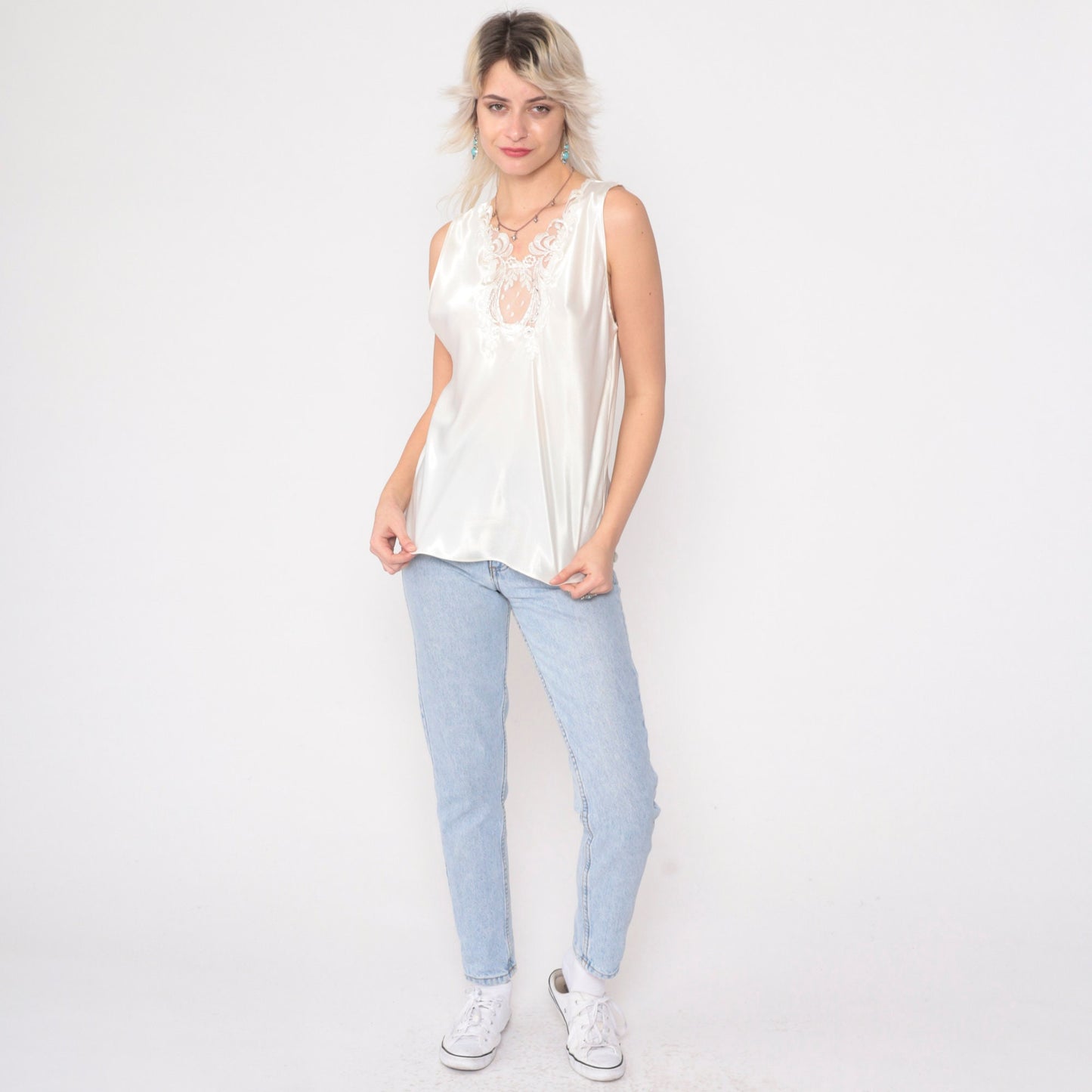 80s White Satin Camisole Tank Top Pearl Beaded Lace Trim Medium