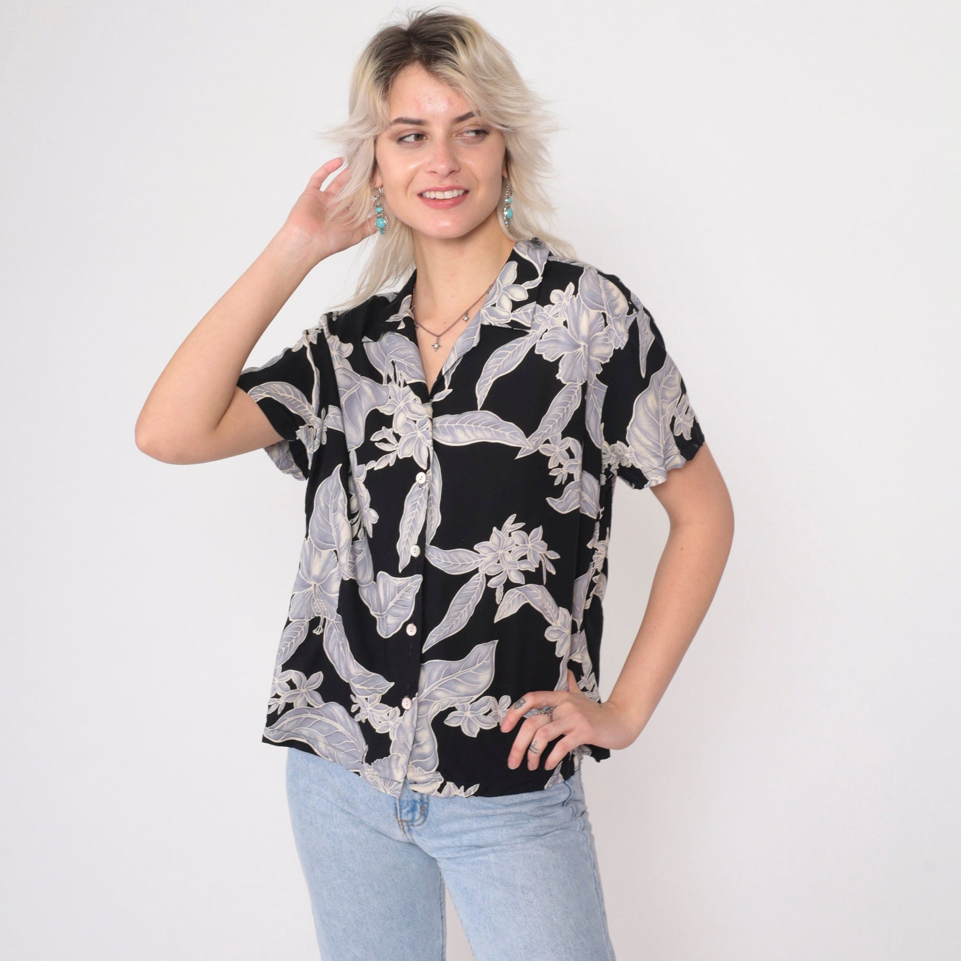 90s Nani Hawaii Tropical Floral Button Up Blouse Black Viscose Large