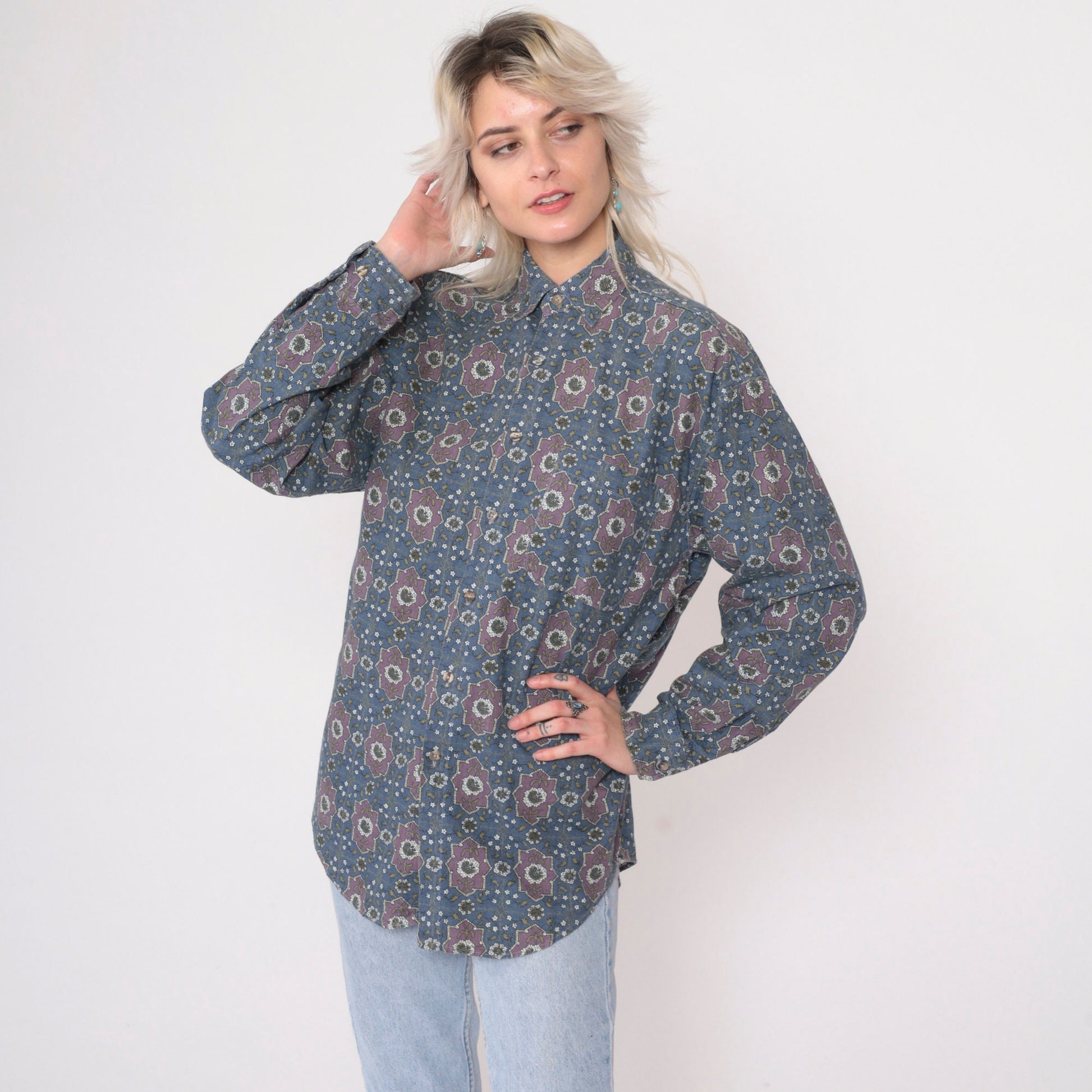 90s Red Eye by Marc Daniels Geometric Medallion Floral Button Up Shirt Small