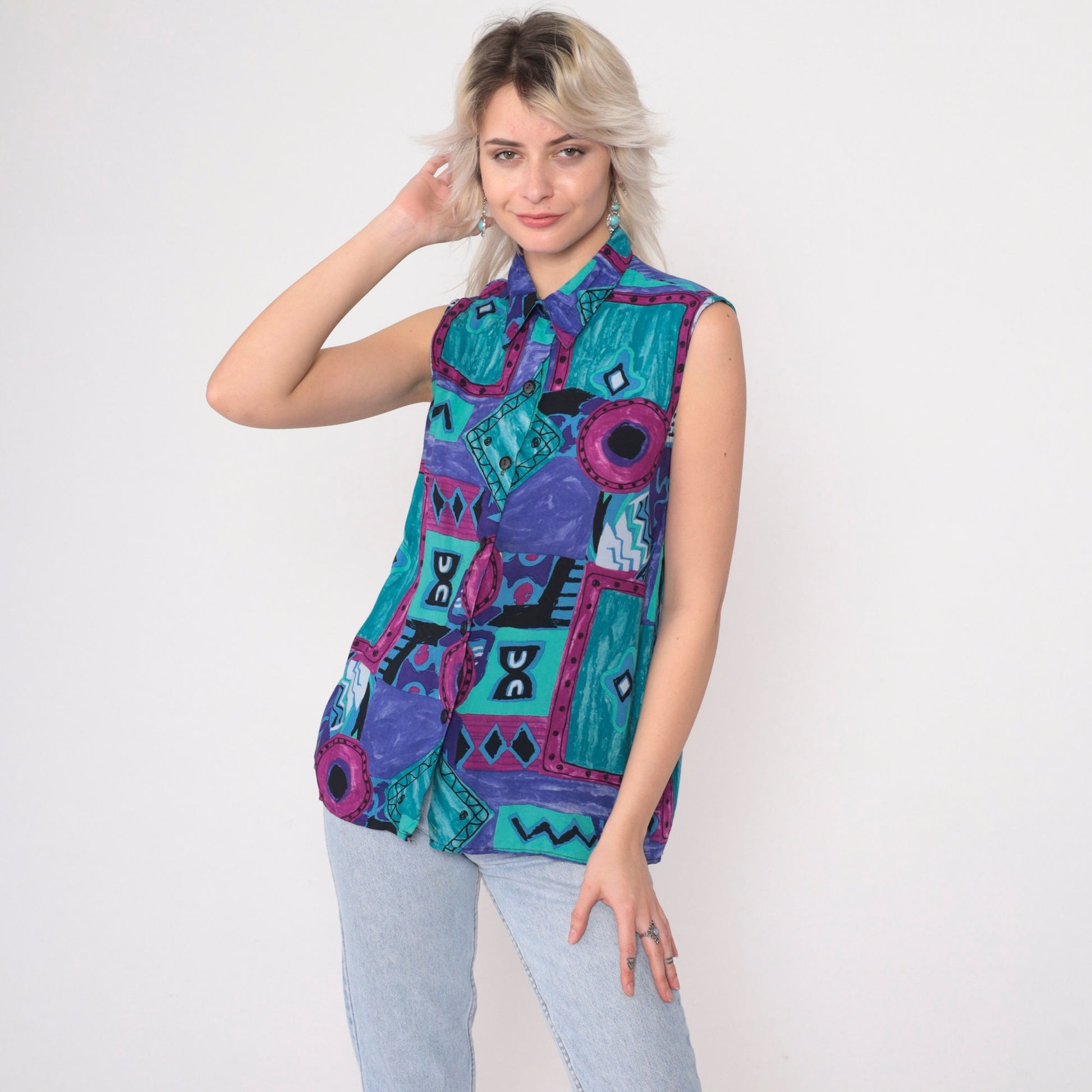 90s Geometric Patchwork Button-Up Tank Top Rayon Purple Blue Small