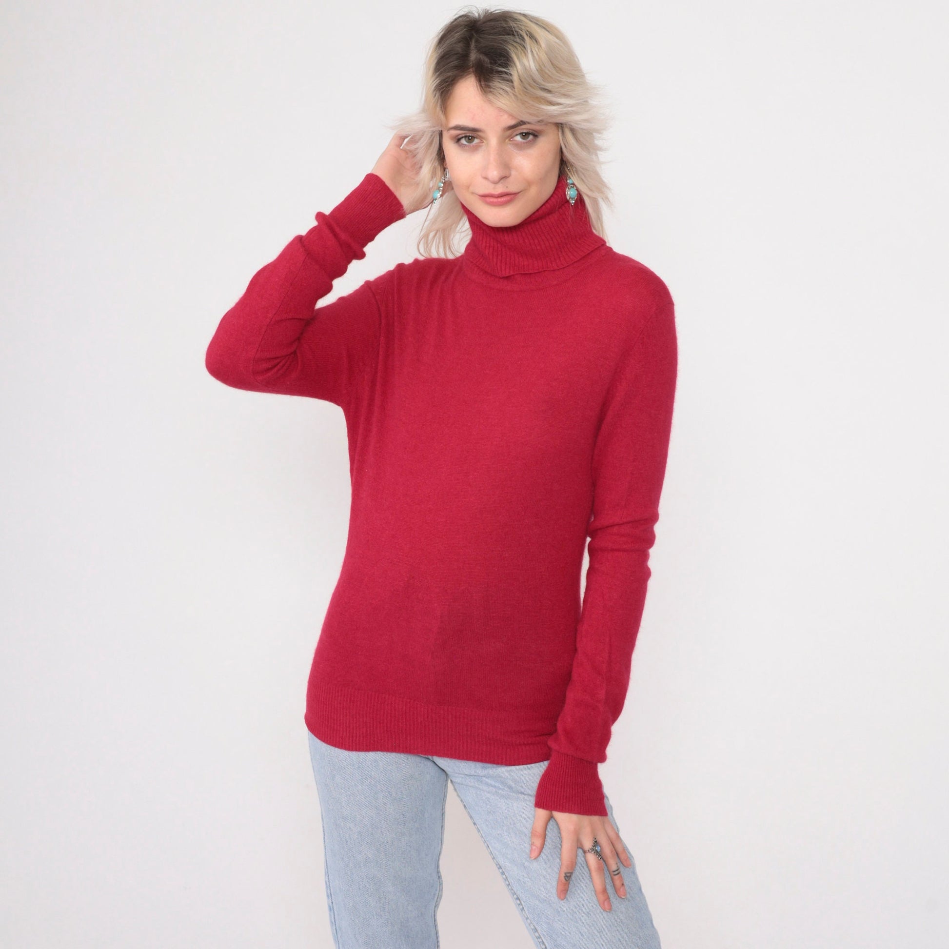 90s Vogue Angora Wool Turtleneck Sweater Cherry Red Knit Pullover Extra Small