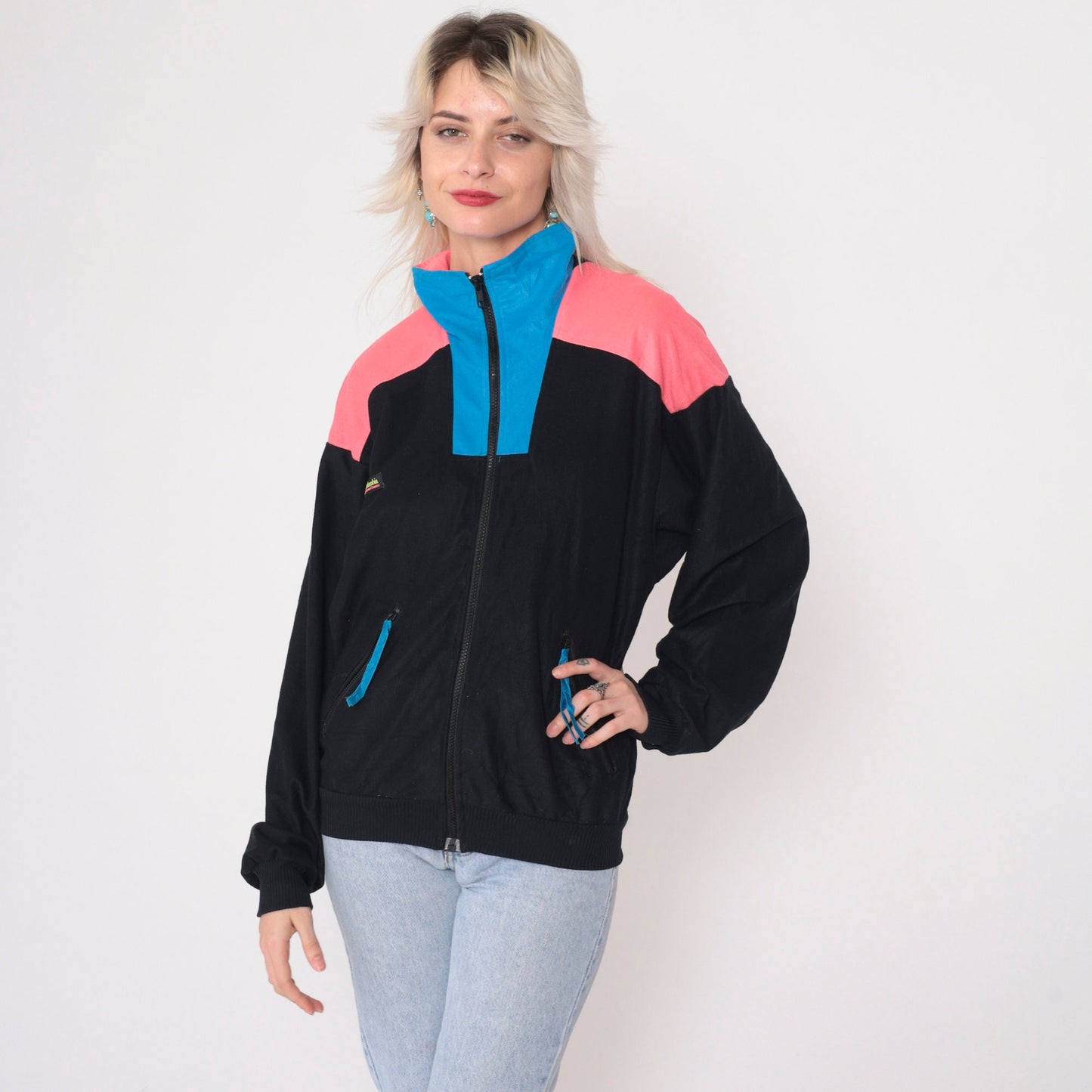 90s Columbia Black Windbreaker Jacket Hot Pink Blue Color Block Small