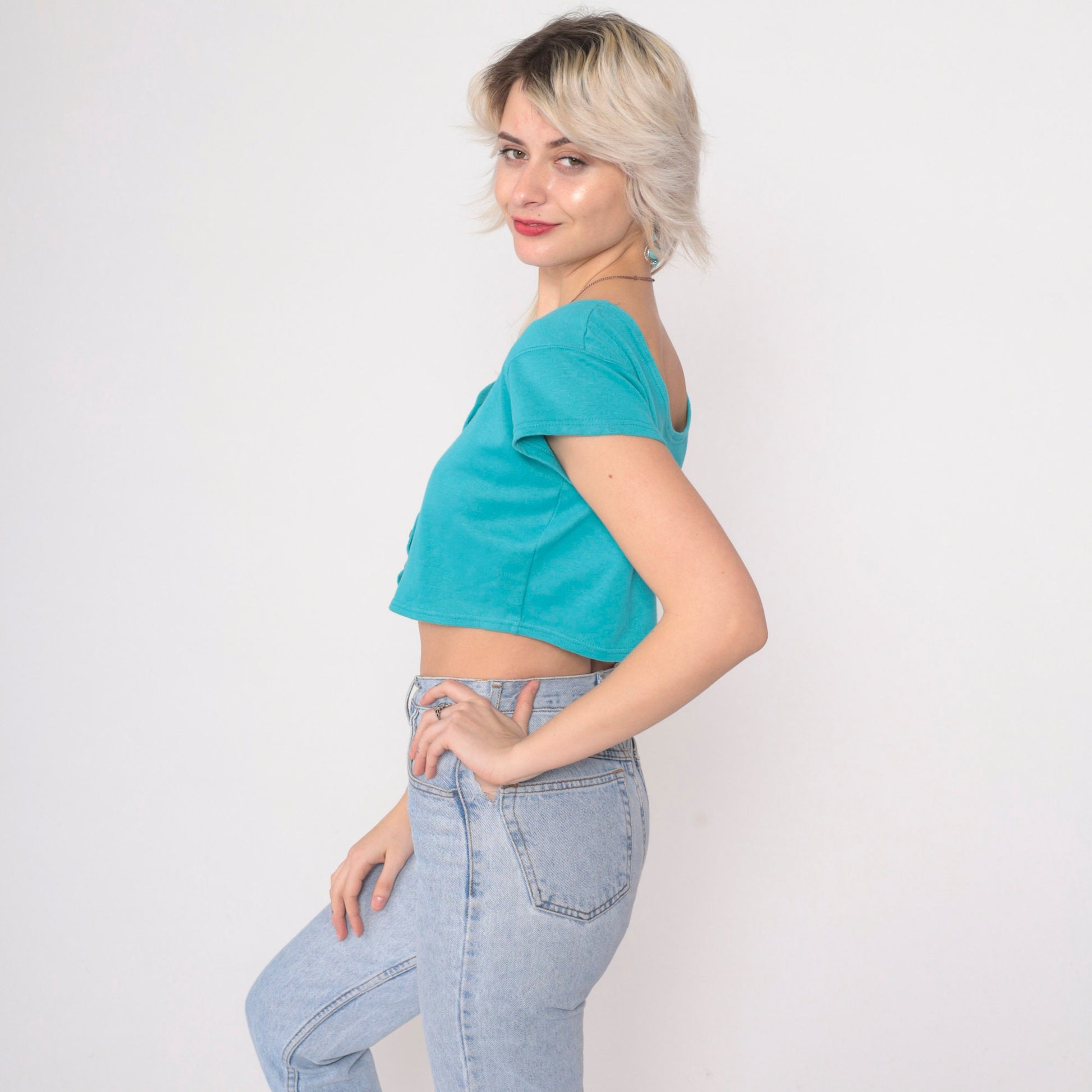 90s Turquoise Crop Top Button Up Blouse Short Sleeve Small Medium