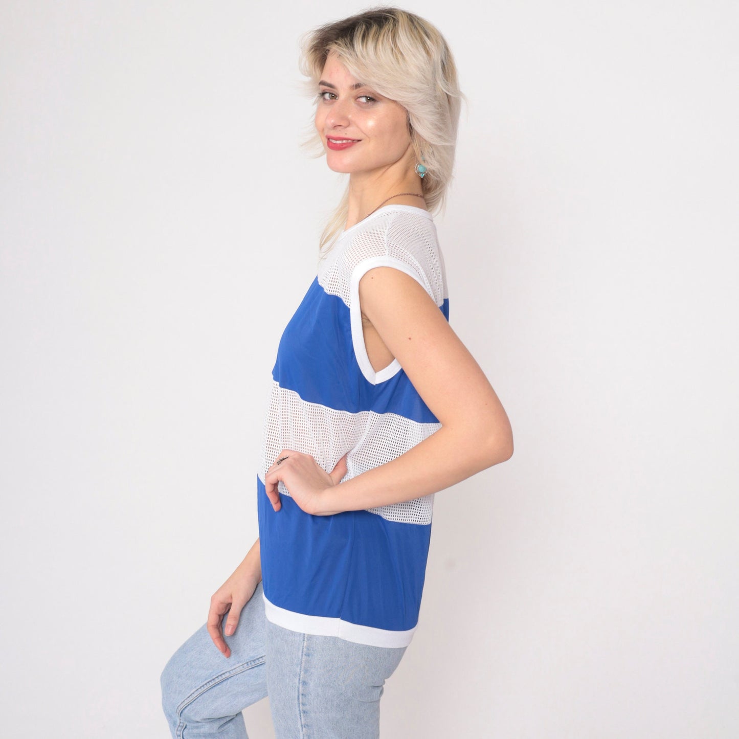 80s Indy Knit Mesh Tank Top Color Block Blue White Sleeveless Medium