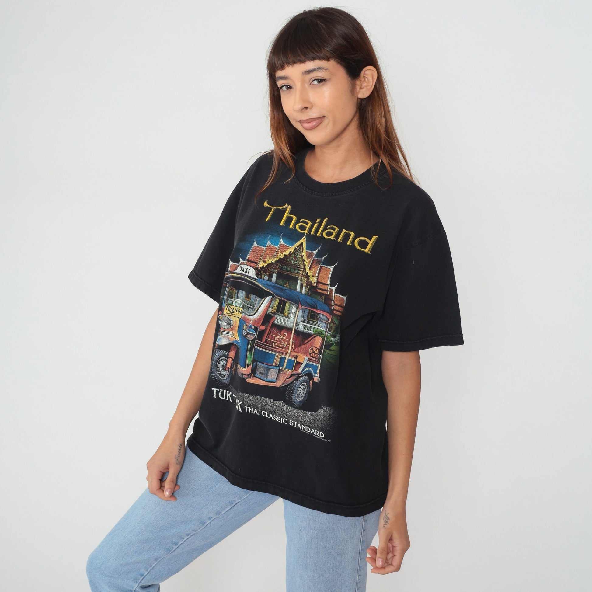 90s Thailand Tuk Tuk Graphic T-Shirt Black Cotton Tourist Souvenir Large L