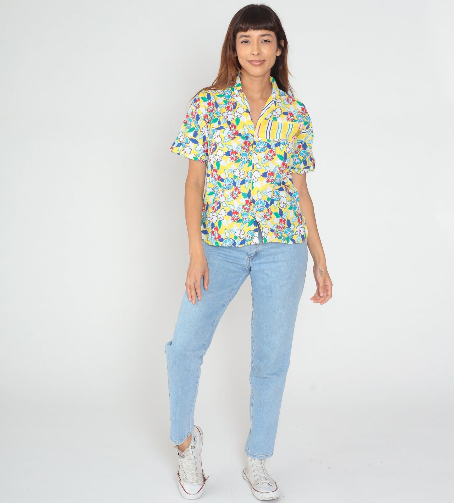 90s Grant Yellow Floral Striped Cotton Button-Up Shirt Large