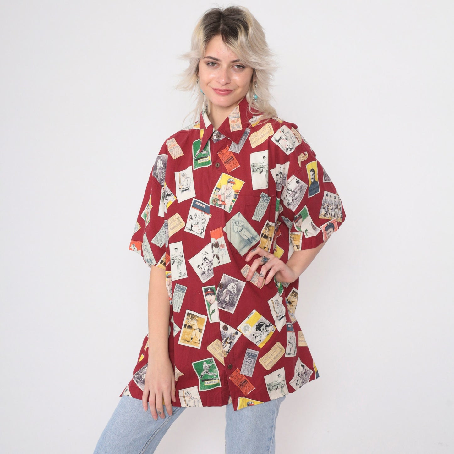 90s Baseball Card Print Button-Up Shirt Red Cotton Large