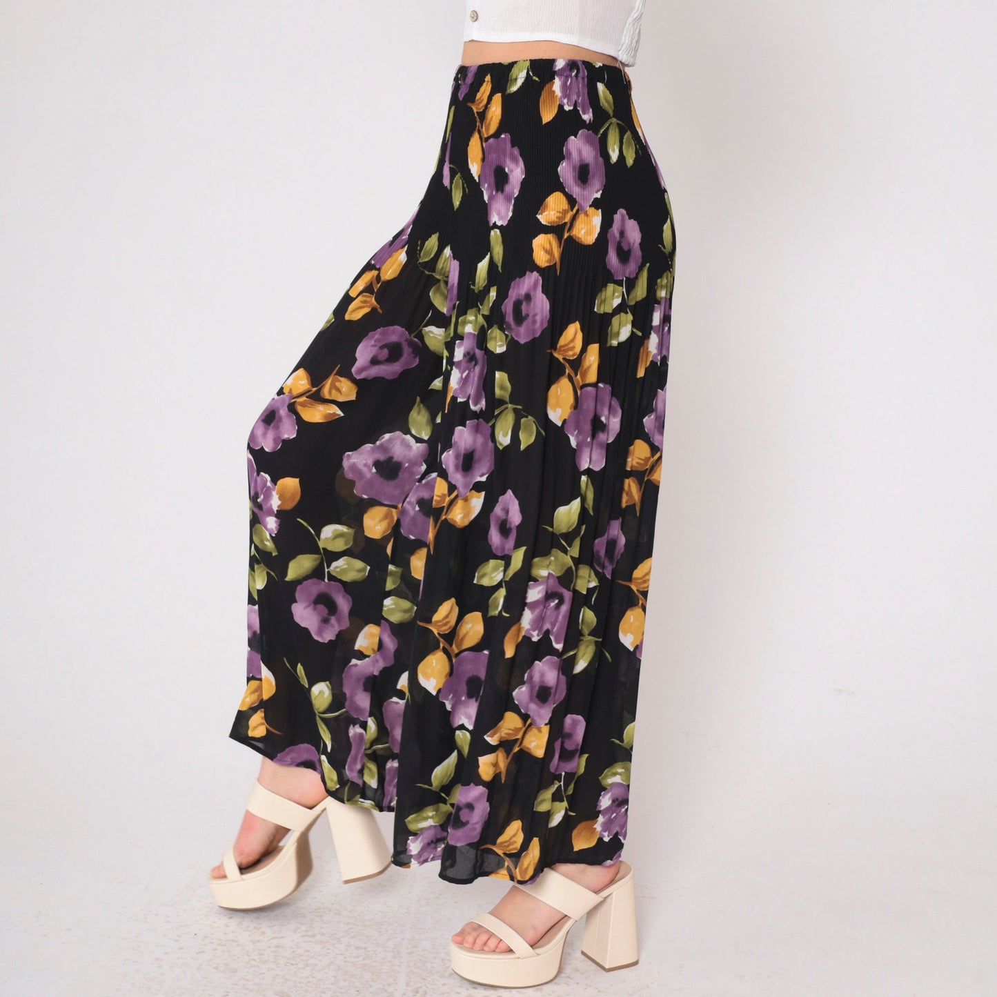 90s Black Floral Palazzo Pants Semi-Sheer High Waist Pleated Wide Leg Small