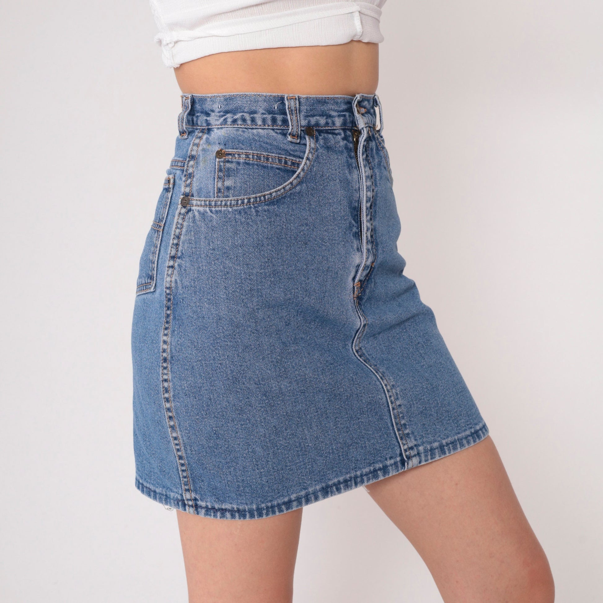 90s Brooks Rugged Wear Denim Mini Skirt High Waisted Pencil Blue Extra Small