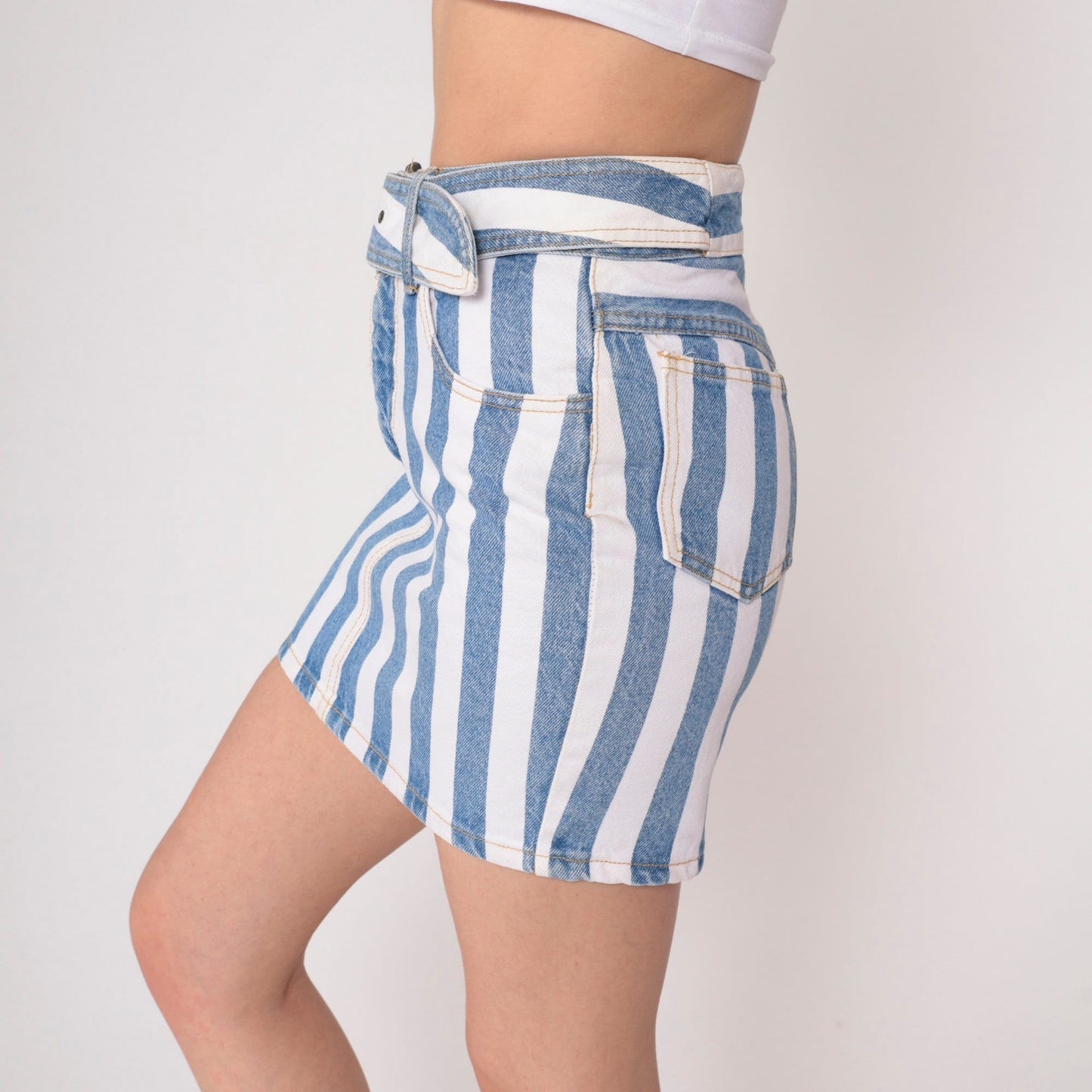 90s Paris Blues Striped Denim Mini Skirt High Waist Belt White Blue Extra Small