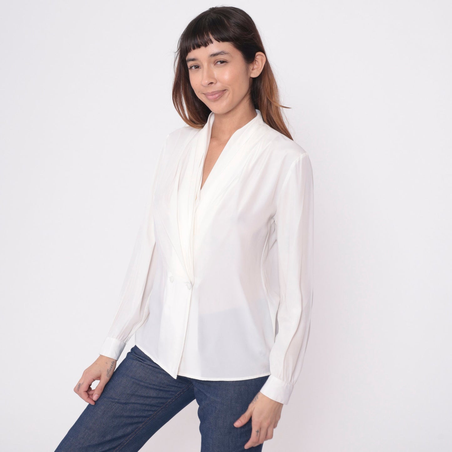 90s White Double Breasted Button Up Blouse V Neck Long Sleeve Small