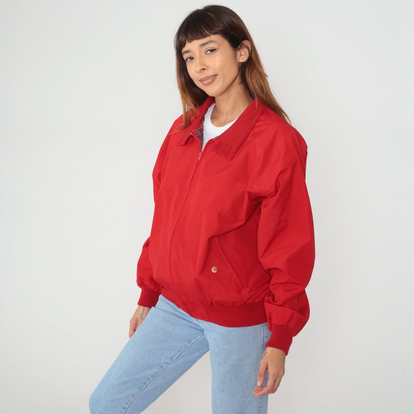 90s Land's End Red Windbreaker Jacket Plaid Lined Zip Up Large