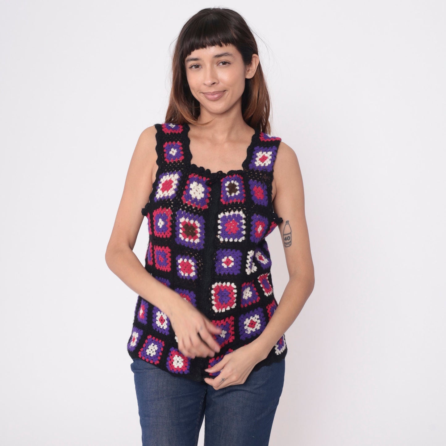 70s Crochet Granny Square Tank Top Patchwork Vest Black Pink Purple Small