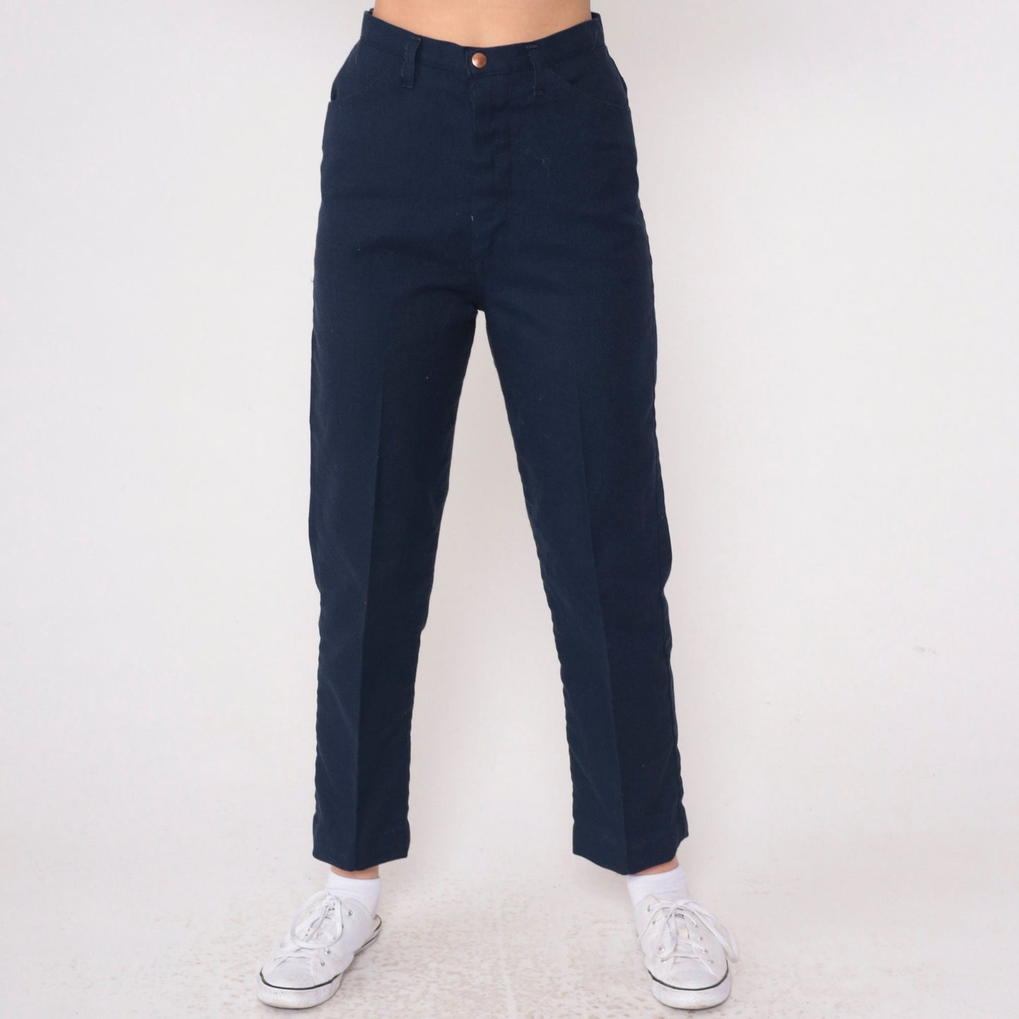 70s Navy High-Rise Straight Leg Trousers Creased Vintage Extra Small