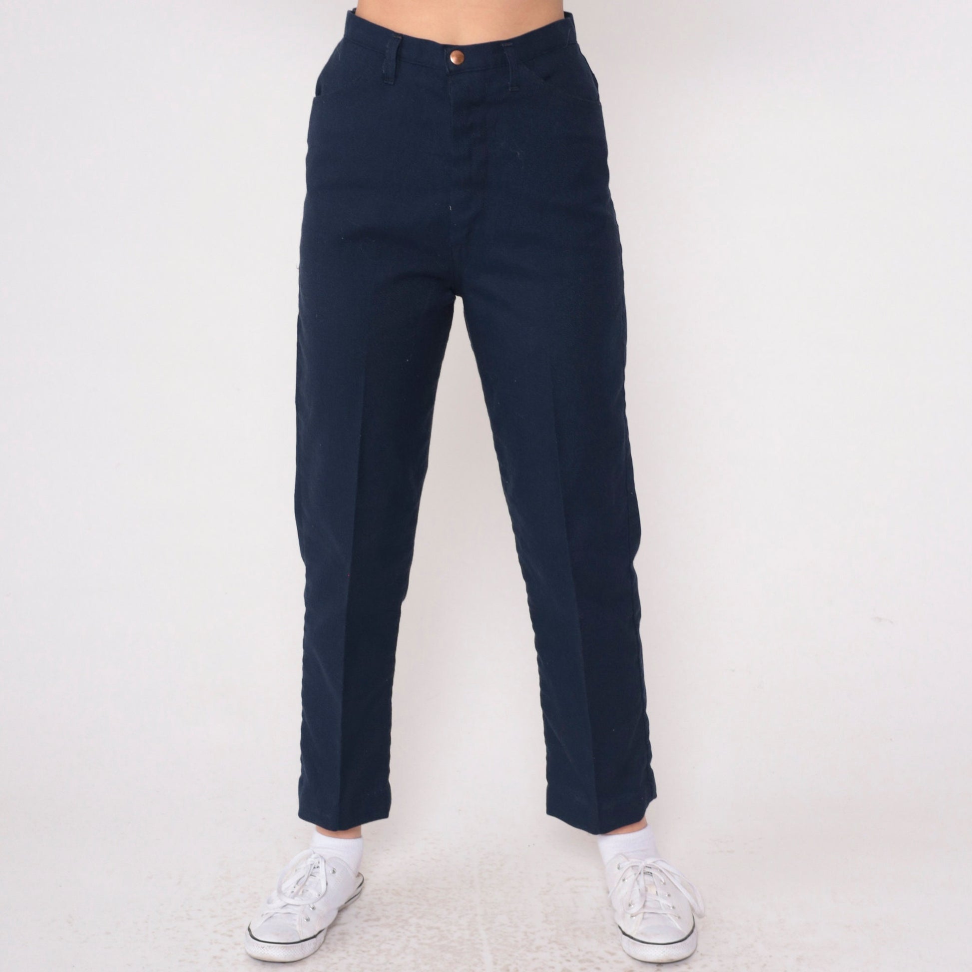 70s Navy High-Rise Straight Leg Trousers Creased Vintage Extra Small