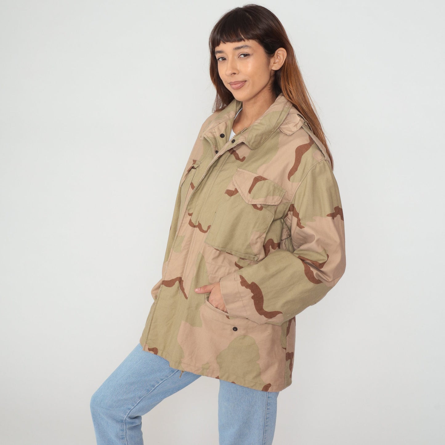 90s Camouflage Hooded Jacket Cargo Pockets Zip Snap Green Medium