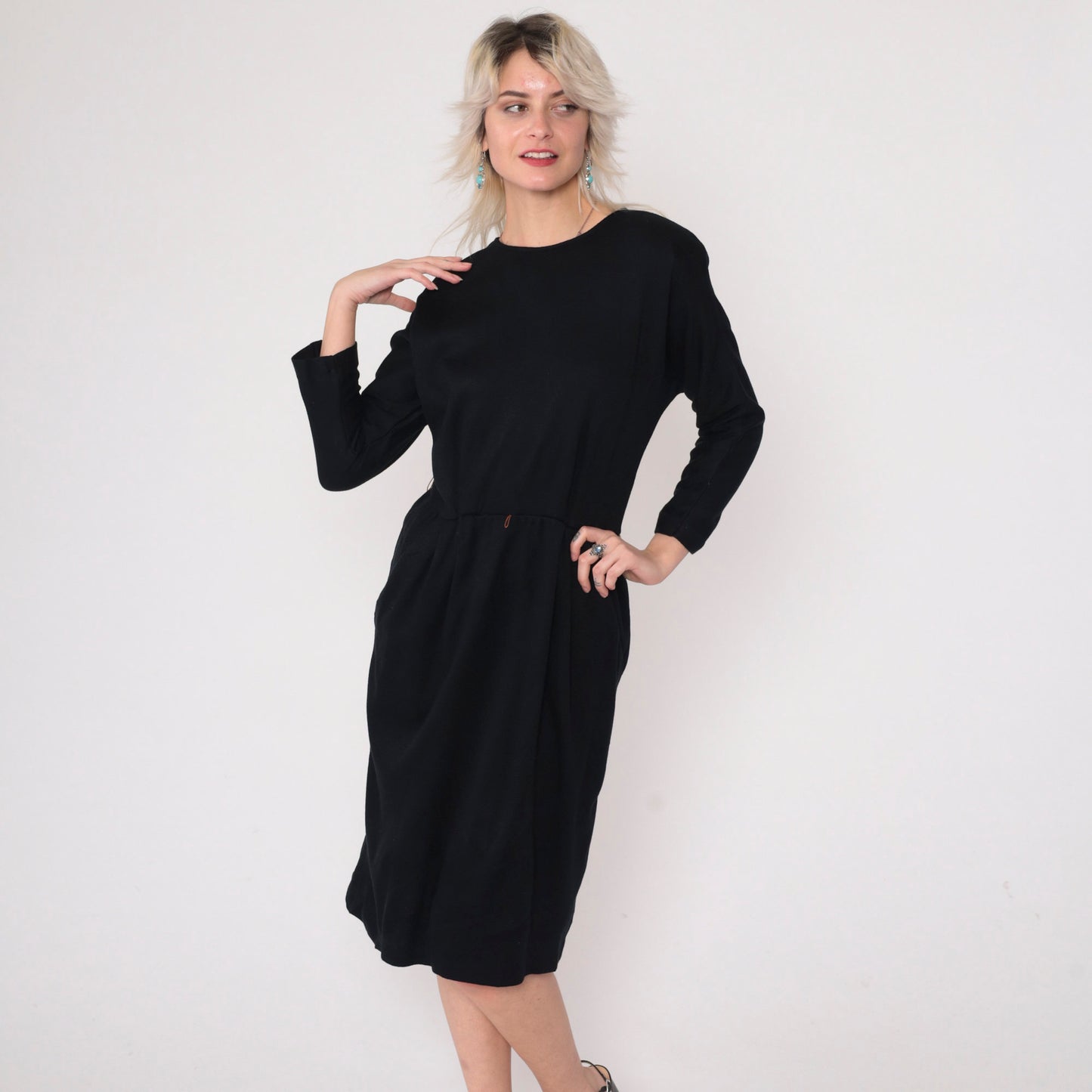 80s Black Midi Dress High Waist Pleated Pockets Long Sleeve Medium Large