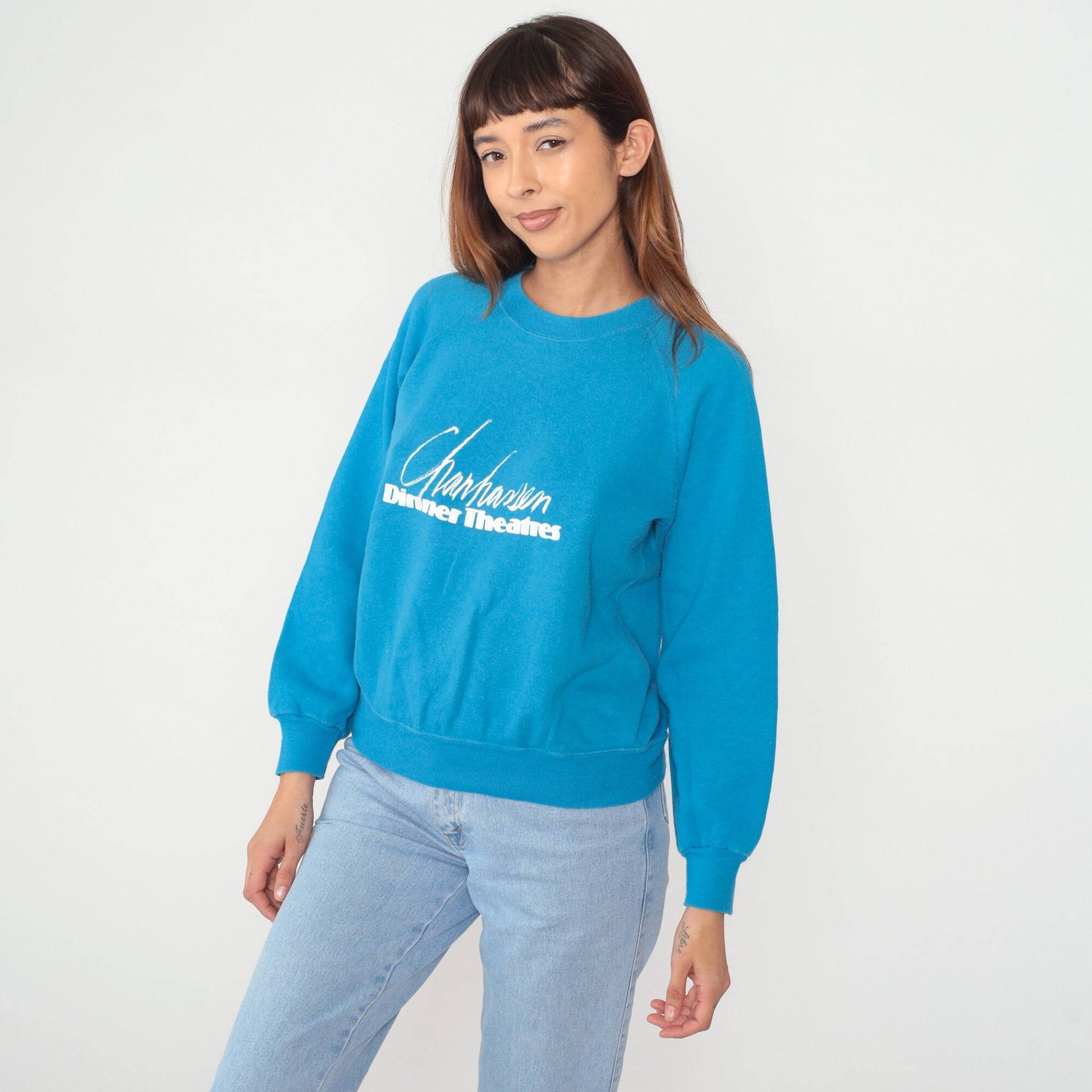 80s Chanhassen Dinner Theatres Minnesota Raglan Sweatshirt Turquoise Graphic Medium