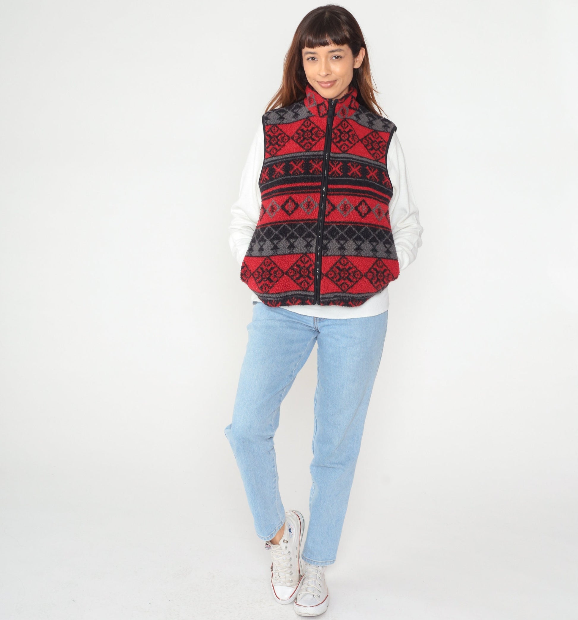 90s Northwest Blue Fleece Vest Red Geometric Striped Zip-Up Medium M