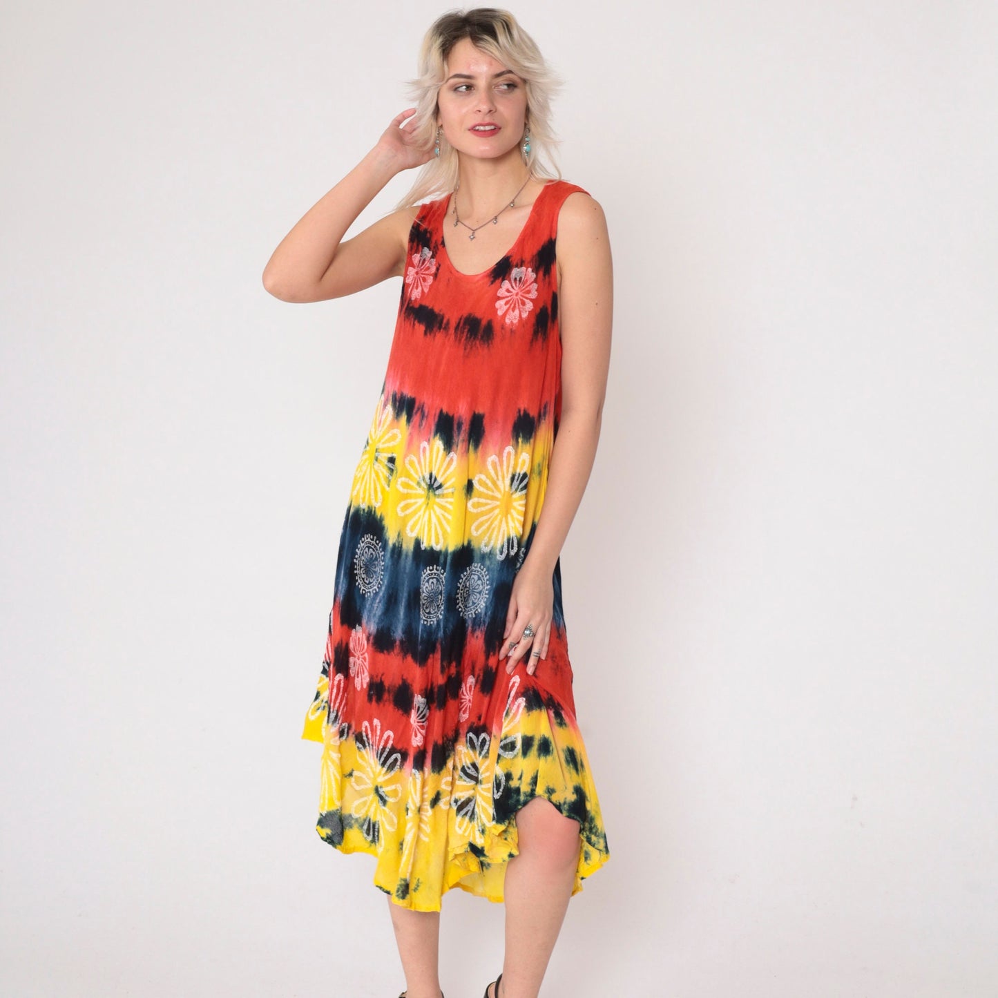 00s Tie Dye Floral Midi Dress Sleeveless Scoop Neck Waterfall Hem Small Medium